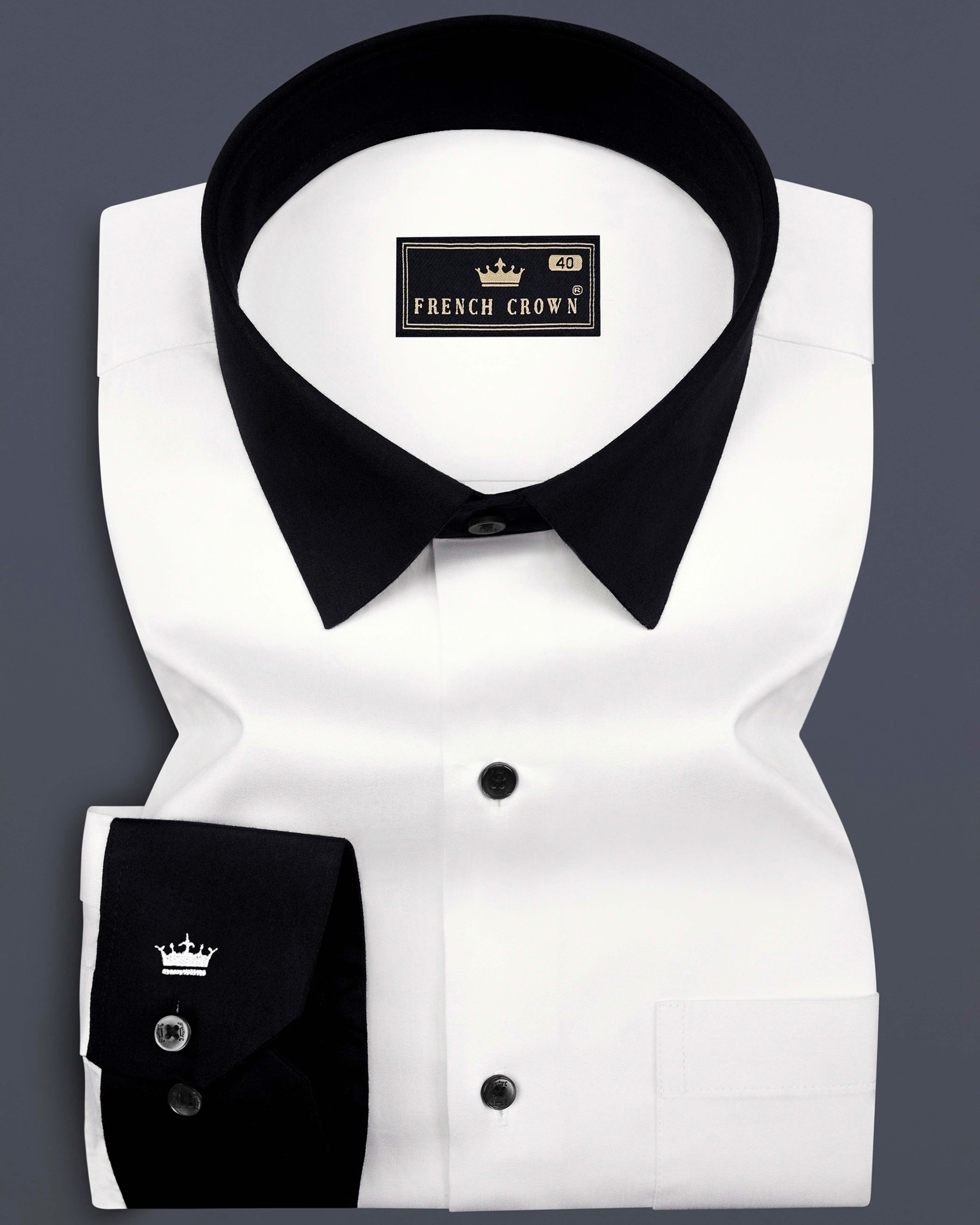 Bright White with Black Collar Subtle Sheen Premium Cotton Shirt