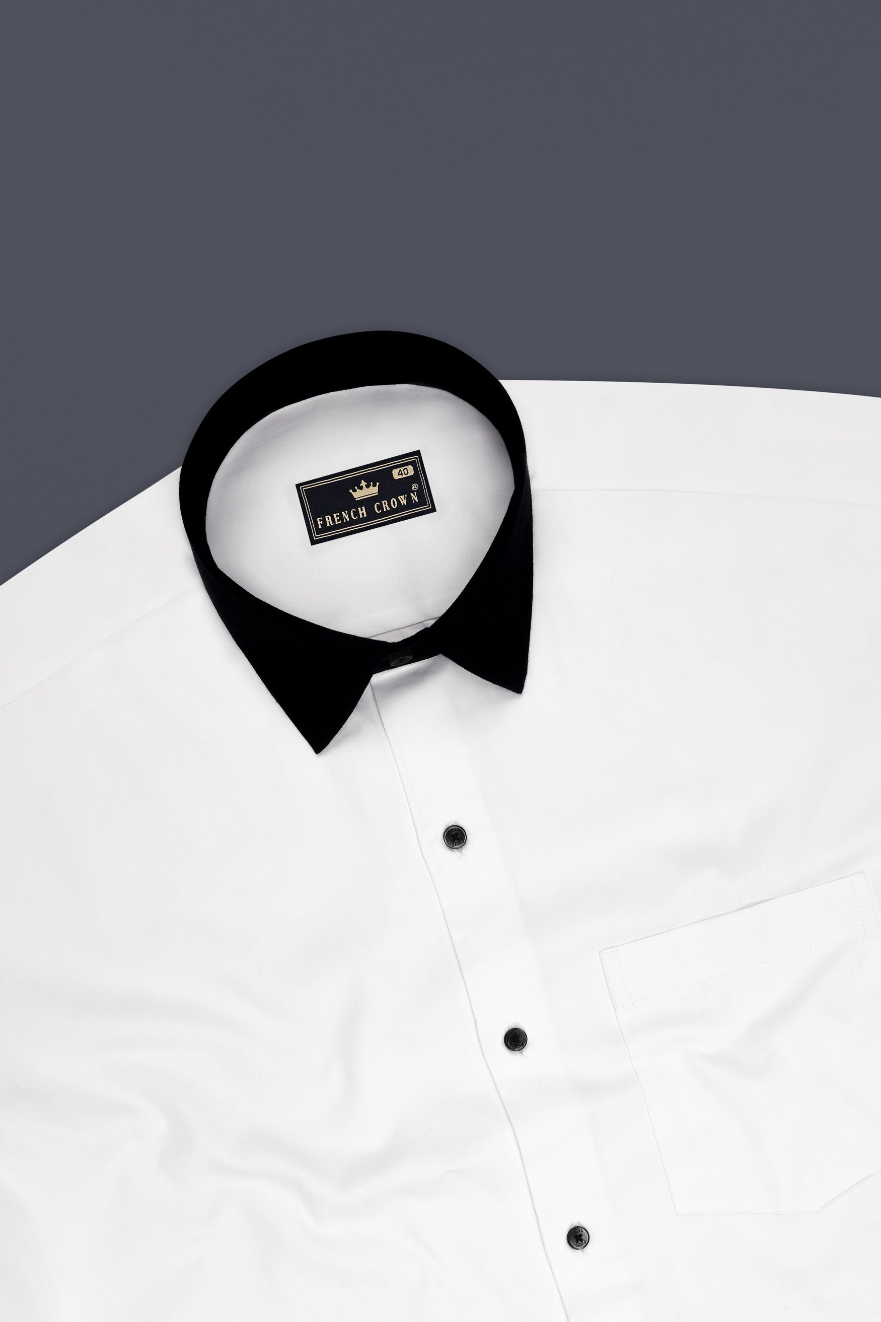 Bright White with Black Collar Subtle Sheen Premium Cotton Shirt