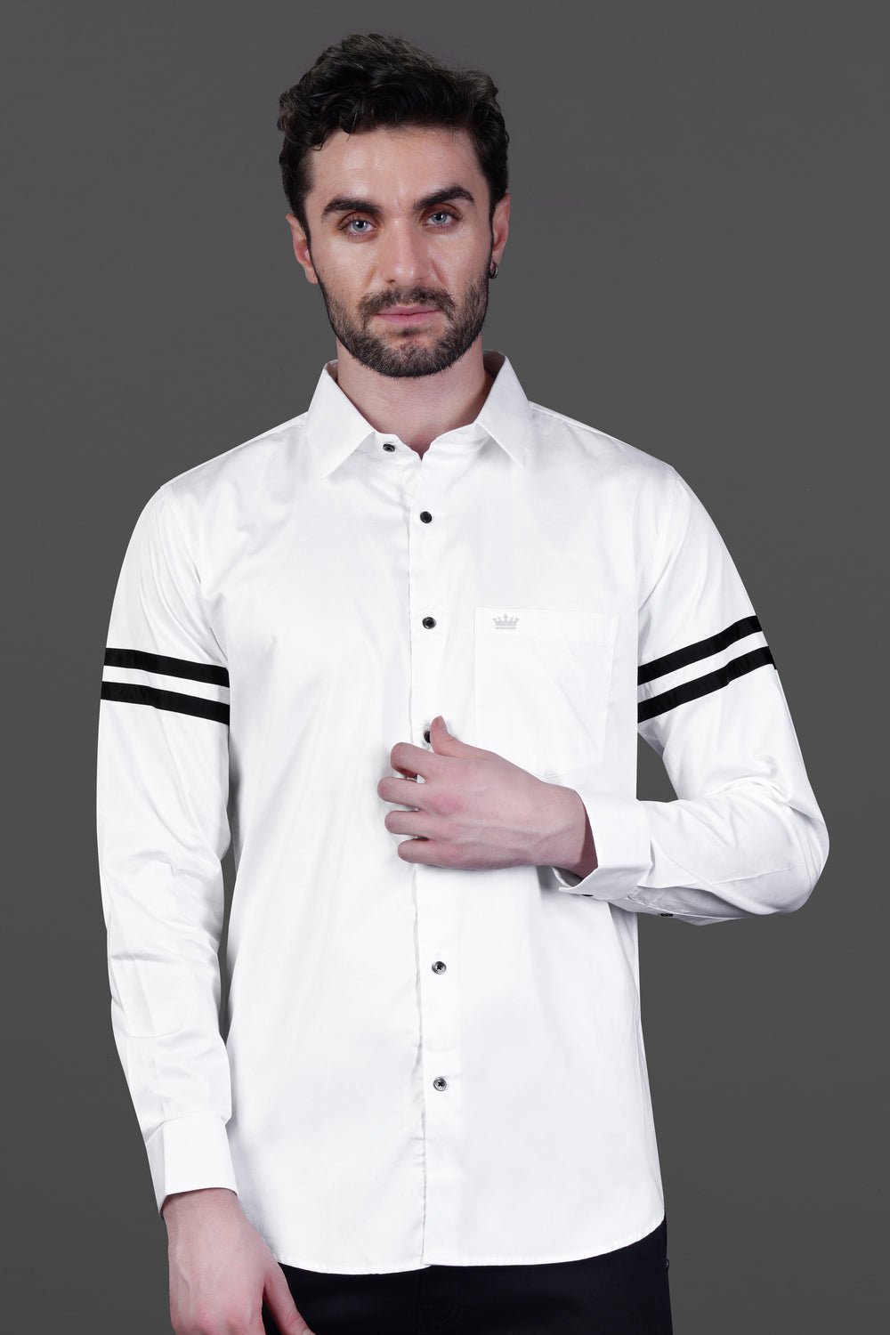 BRIGHT WHITE WITH BLACK SUBTLE SHEEN BICEPS STRIPES PREMIUM SATIN SHIRT