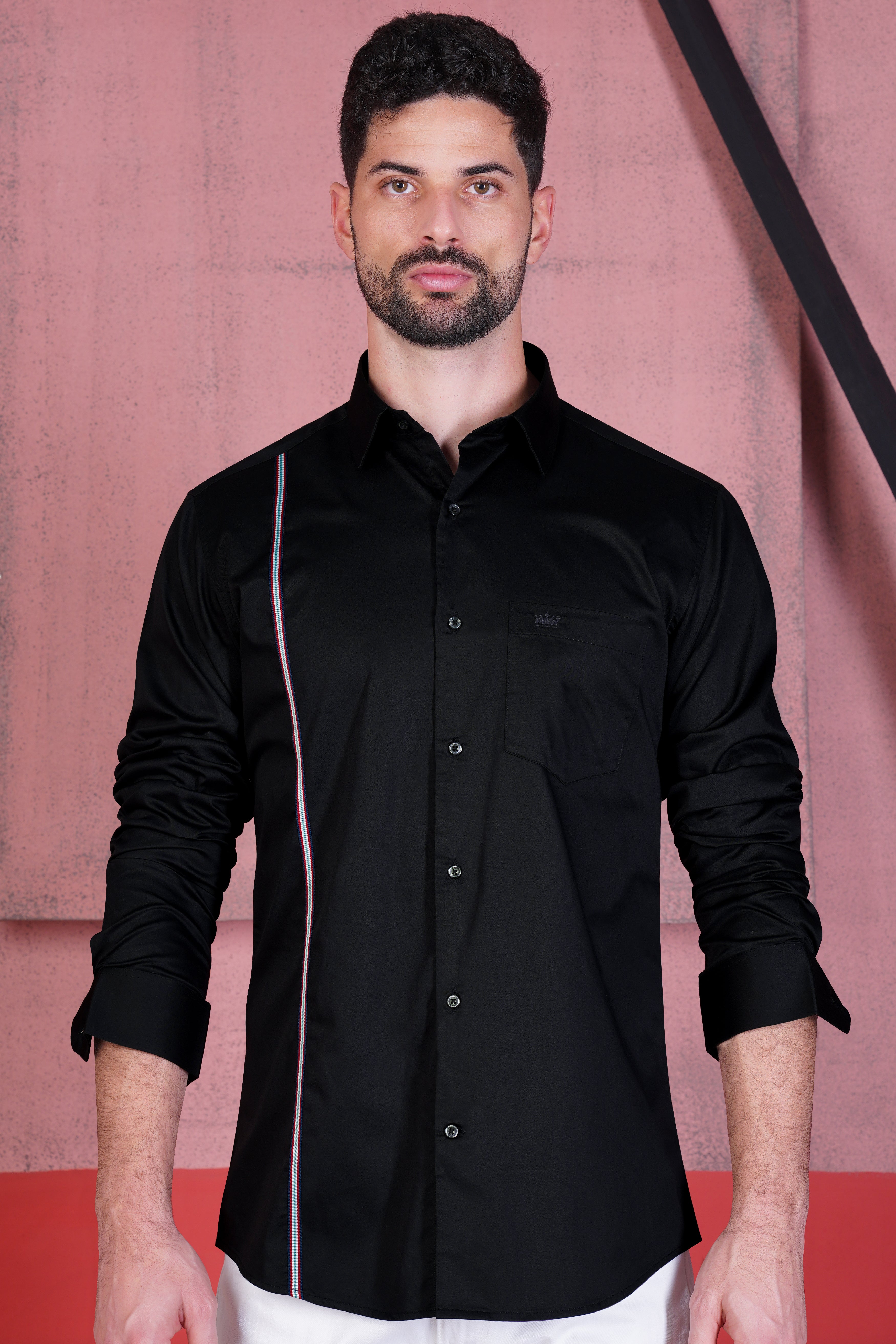 Jade Black with Carmine Red three trimming Patterned Premium Cotton Shirt