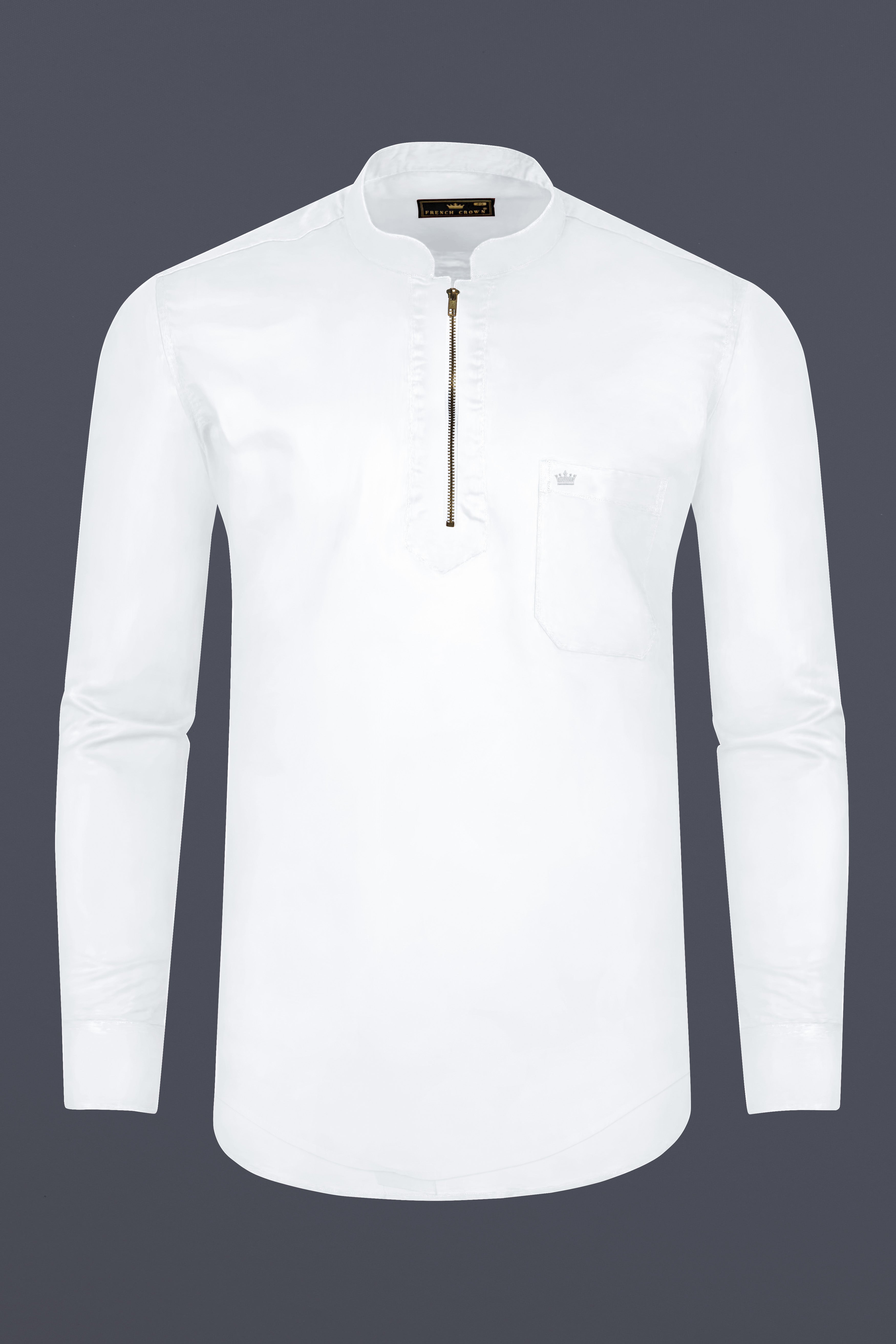 Bright White Subtle Sheen Zipper Closure Premium Cotton Shirt