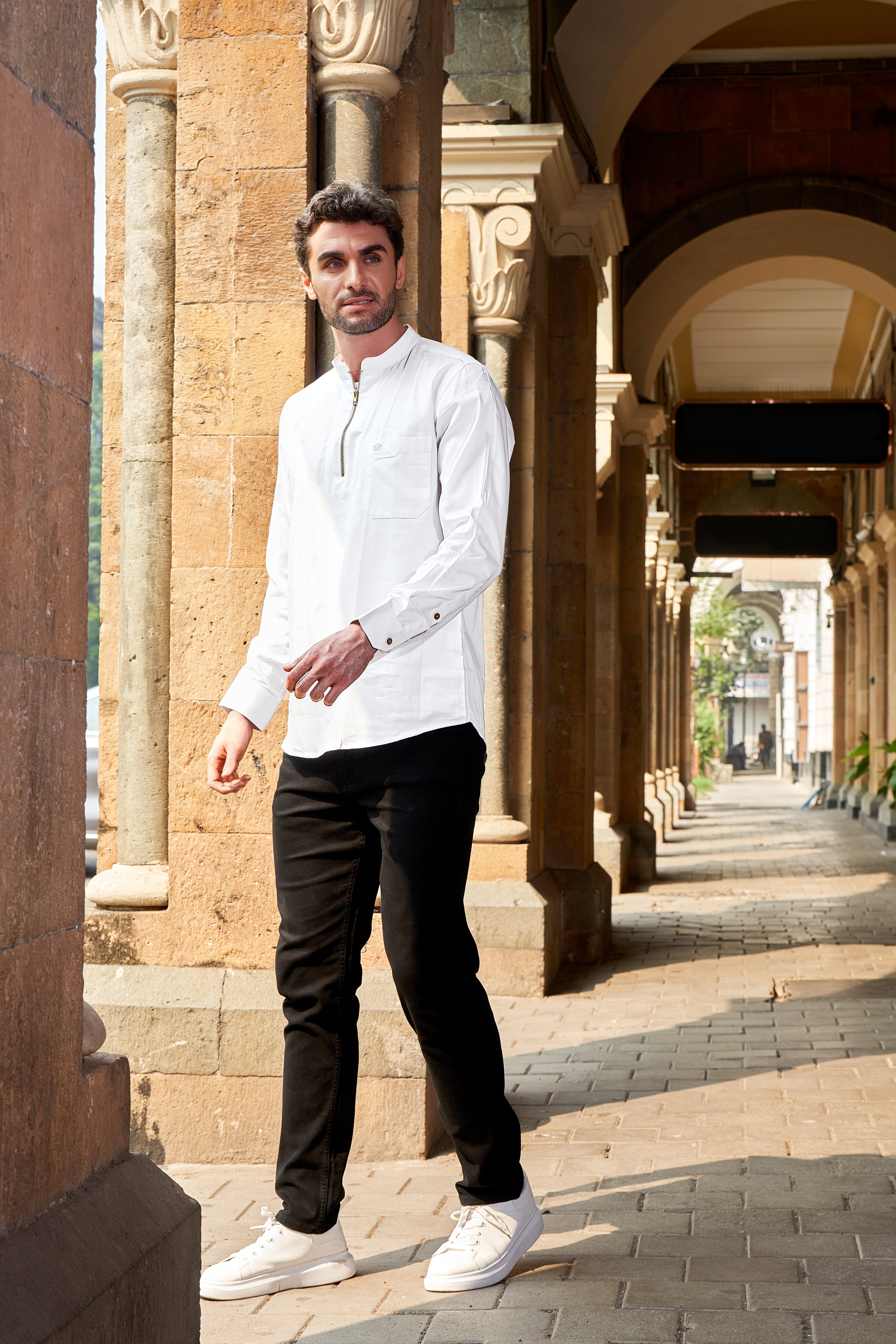 Bright White Zipper Casual Plain-Solid Premium Cotton Shirt