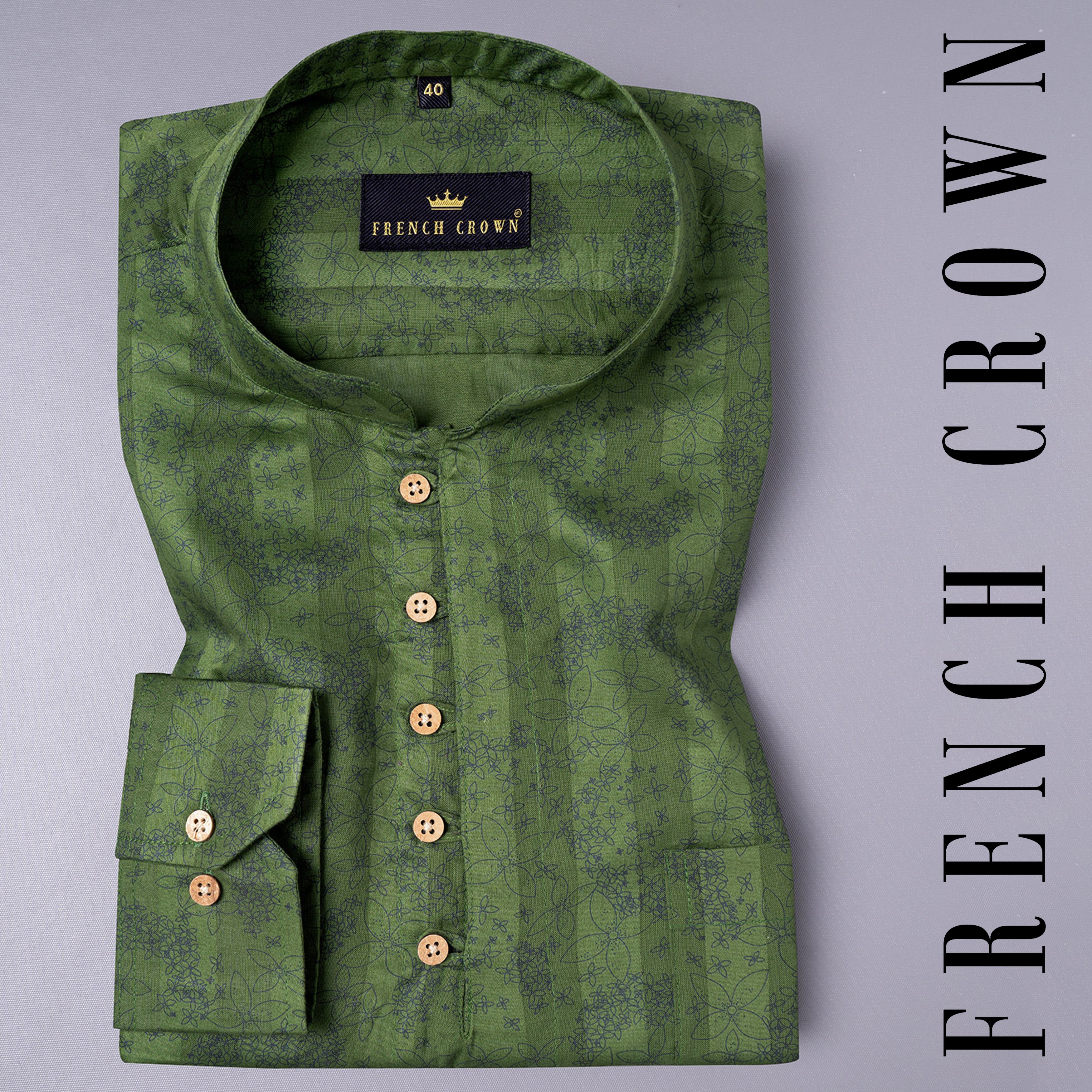 Green Floral Printed Dobby Textured Premium Giza Cotton Shirt