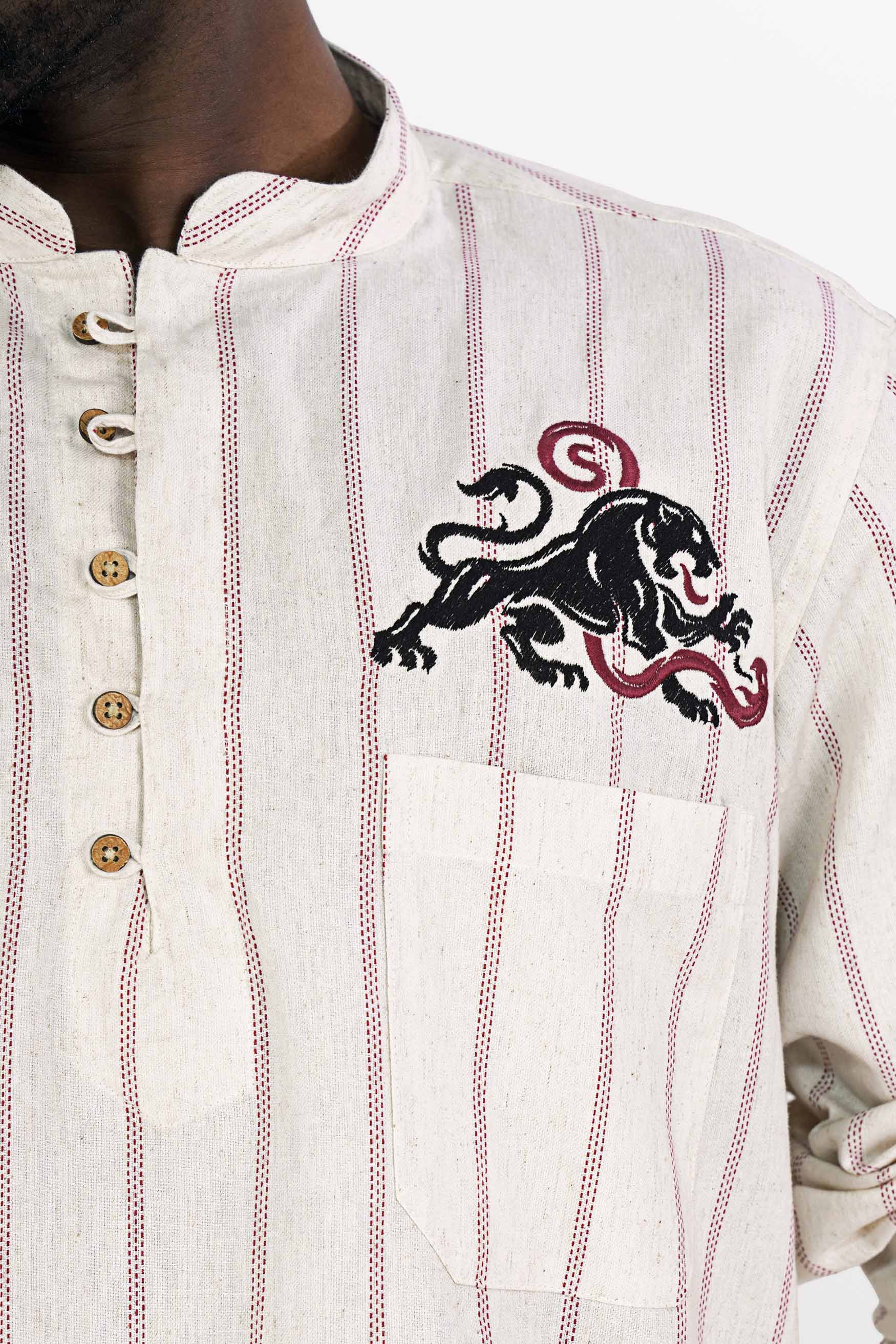 Parchment Beige with Cerise Red Striped Funky Embroidered Luxurious Linen Kurta Shirt 5268-KS-E185-38, 5268-KS-E185-H-38, 5268-KS-E185-39, 5268-KS-E185-H-39, 5268-KS-E185-40, 5268-KS-E185-H-40, 5268-KS-E185-42, 5268-KS-E185-H-42, 5268-KS-E185-44, 5268-KS-E185-H-44, 5268-KS-E185-46, 5268-KS-E185-H-46, 5268-KS-E185-48, 5268-KS-E185-H-48, 5268-KS-E185-50, 5268-KS-E185-H-50, 5268-KS-E185-52, 5268-KS-E185-H-52