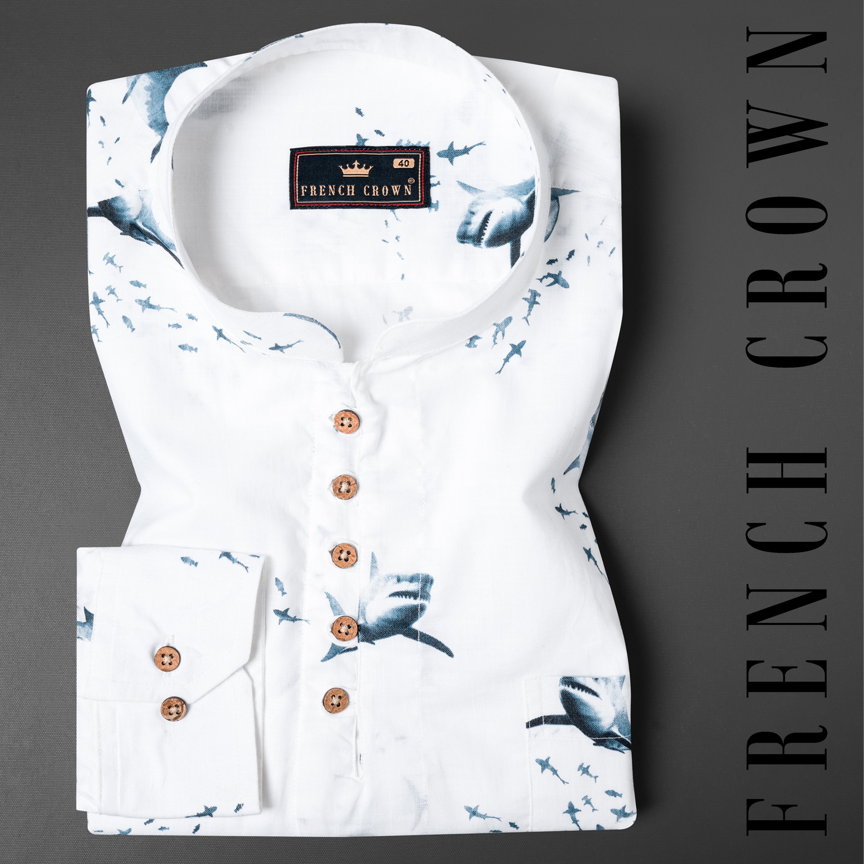 Bright White Shark Printed Luxurious Linen Shirt