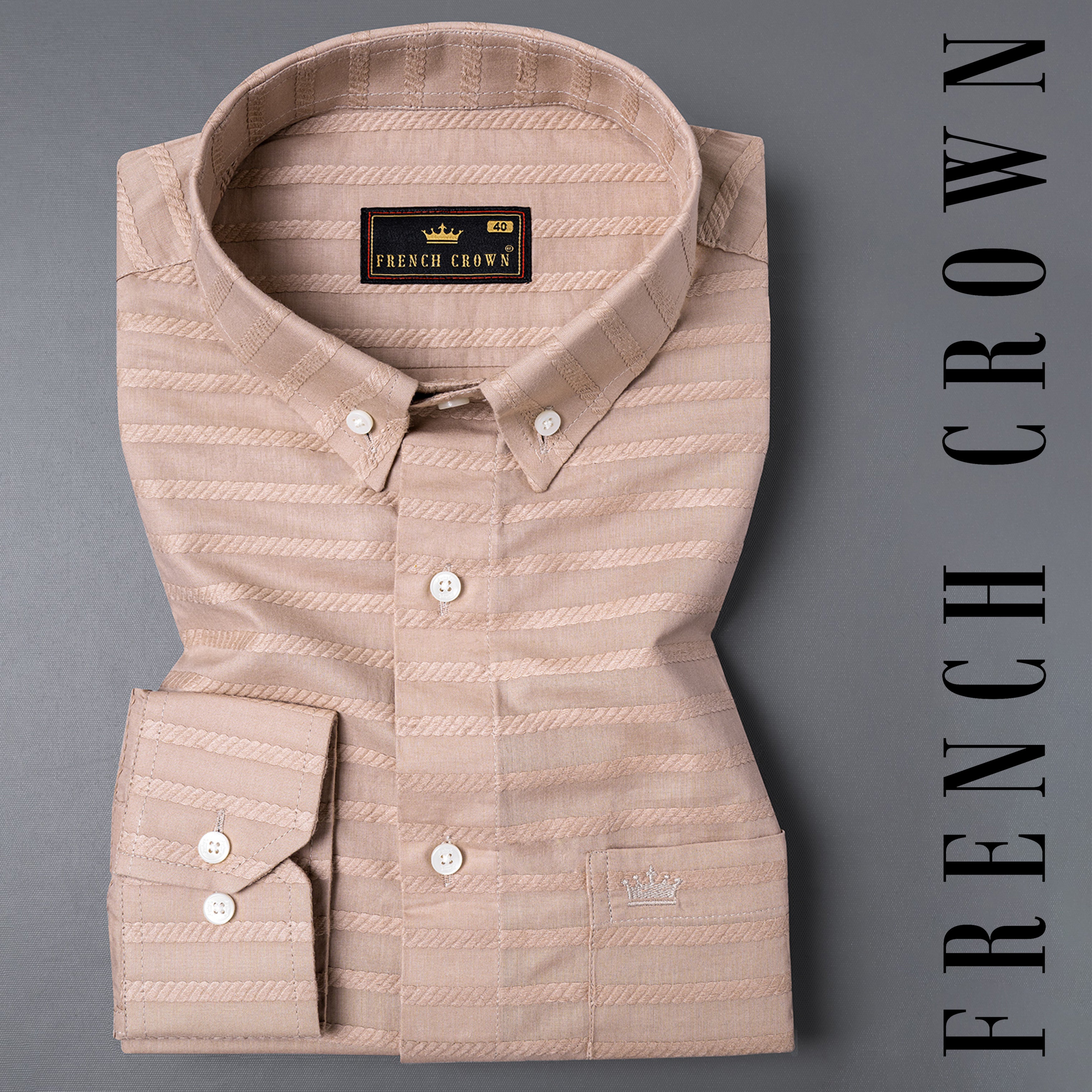 Quicksand Brown Rope Striped Dobby Textured Premium Giza Cotton Shirt