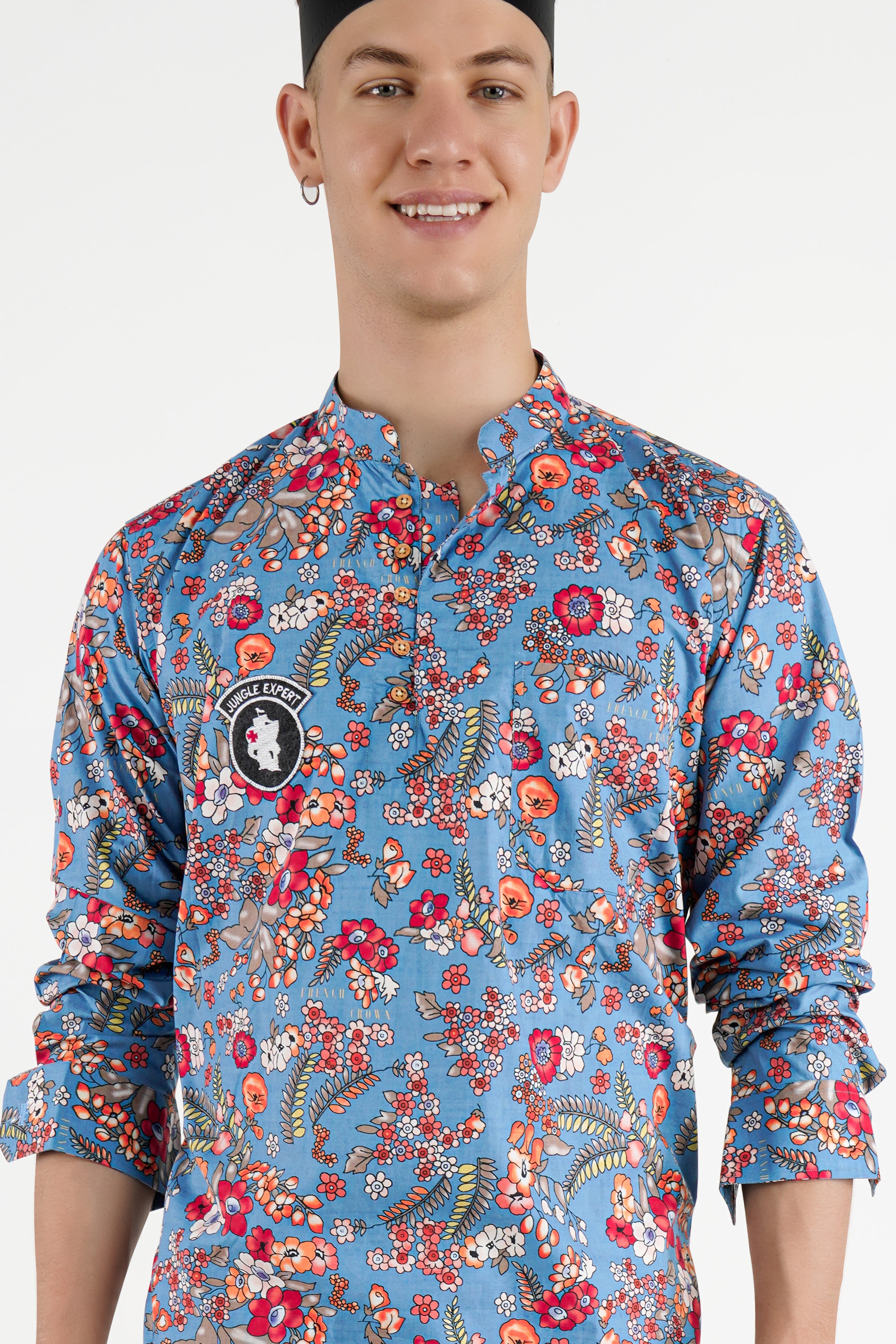 Shakespeare Blue Leaves Printed Patchwork Premium Cotton Designer Kurta Shirt