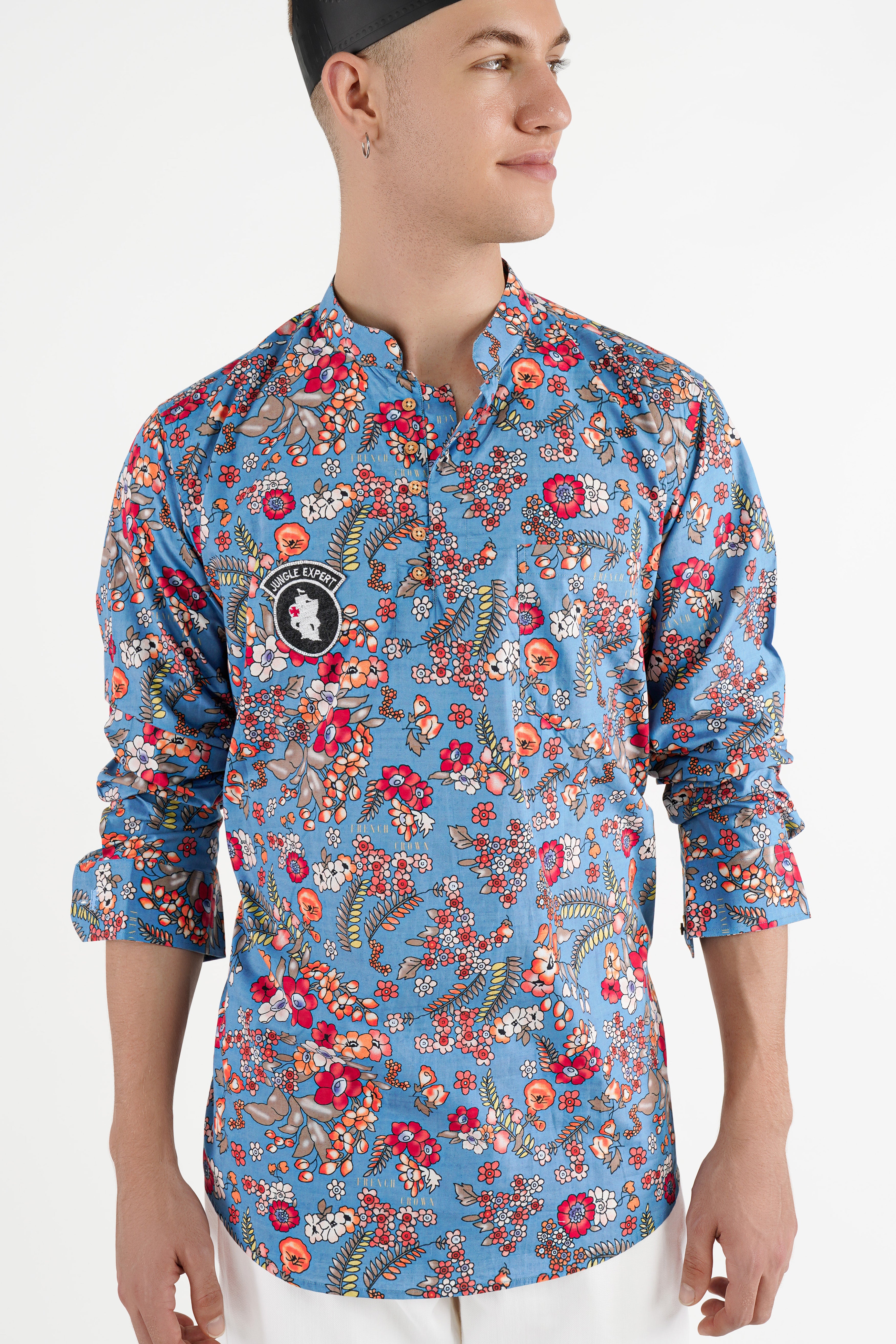 Shakespeare Blue Leaves Printed Patchwork Premium Cotton Designer Kurta Shirt