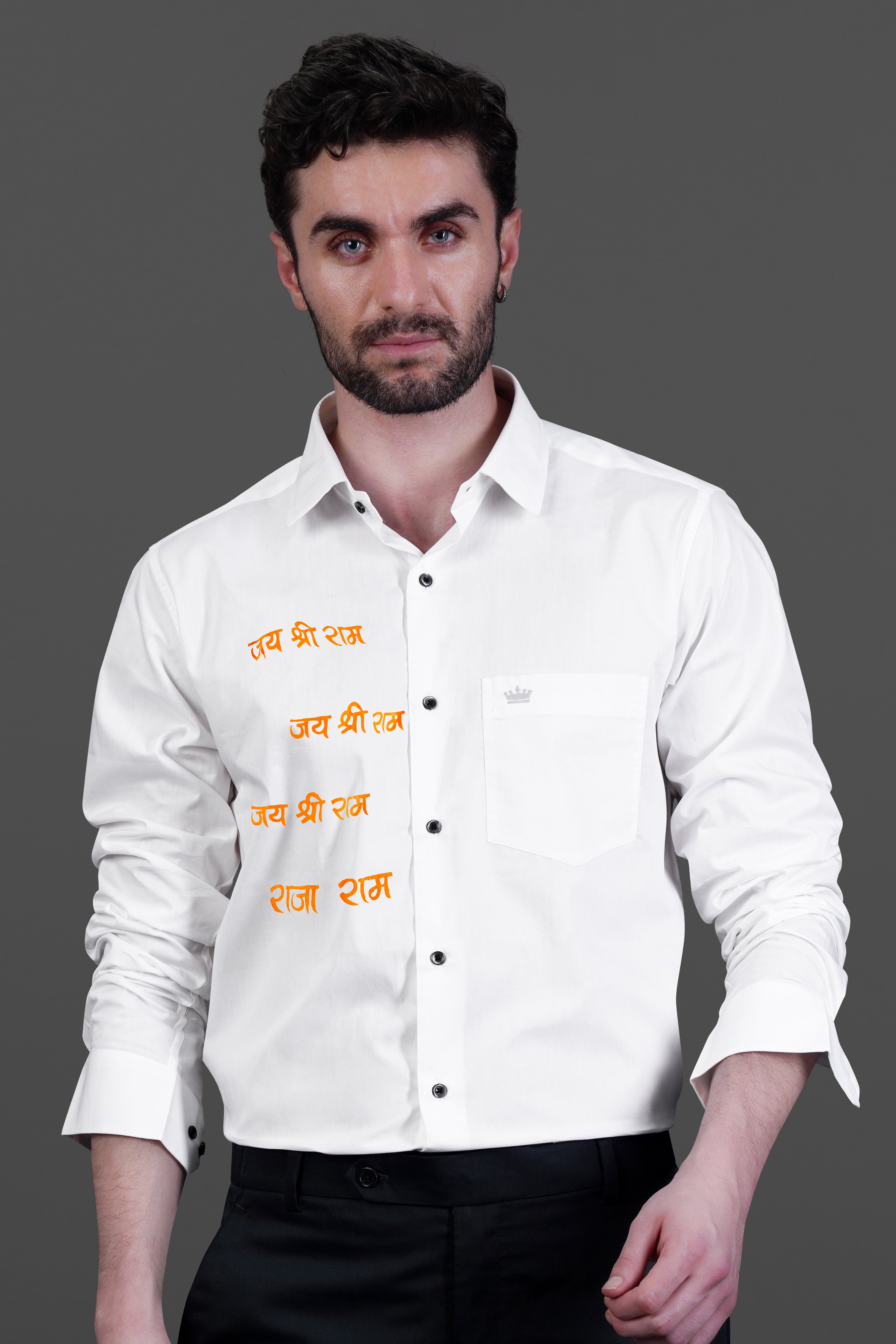 Bright White Jai Shree Ram Hand Painted Premium Cotton Designer Shirt