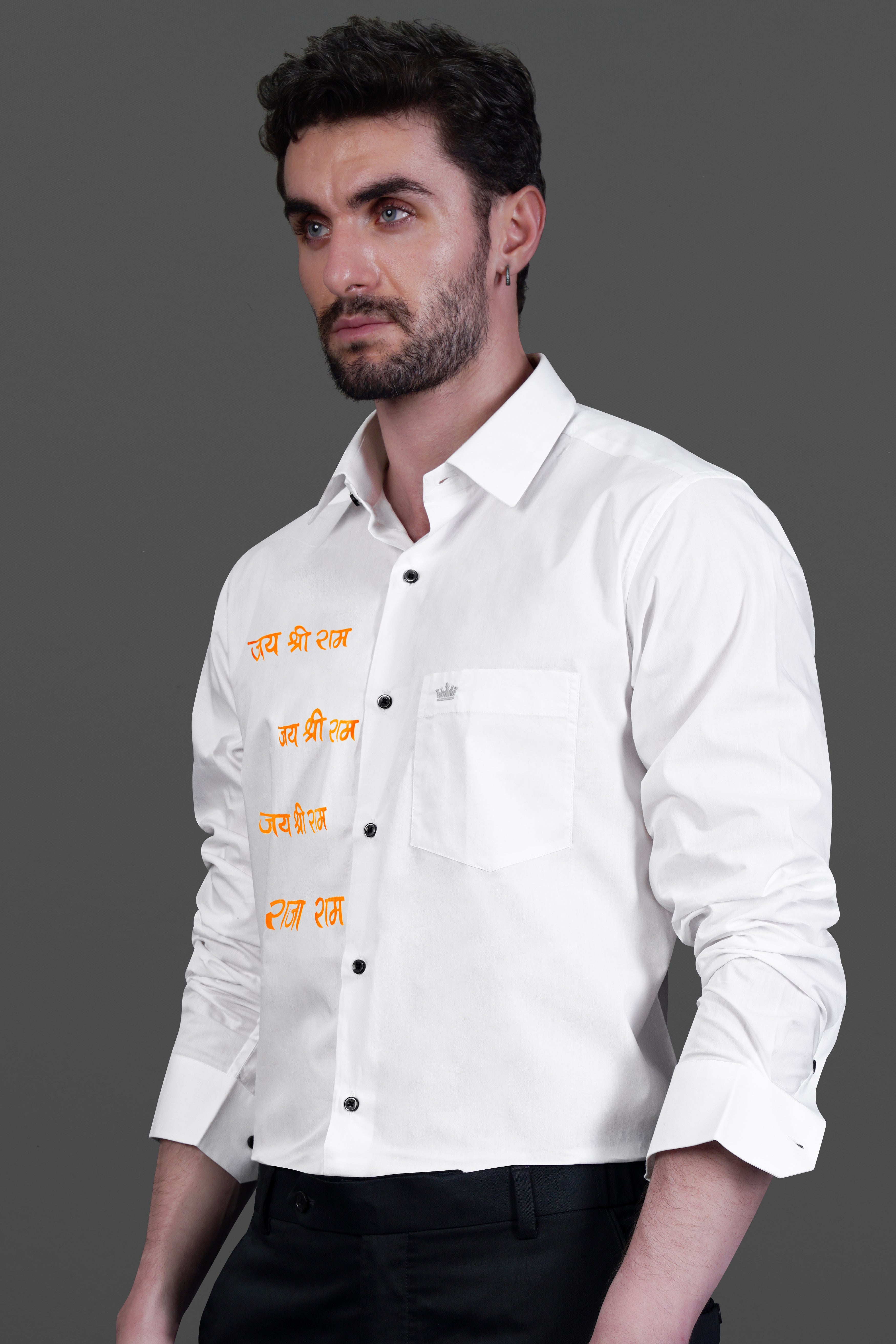 Bright White Jai Shree Ram Hand Painted Premium Cotton Designer Shirt