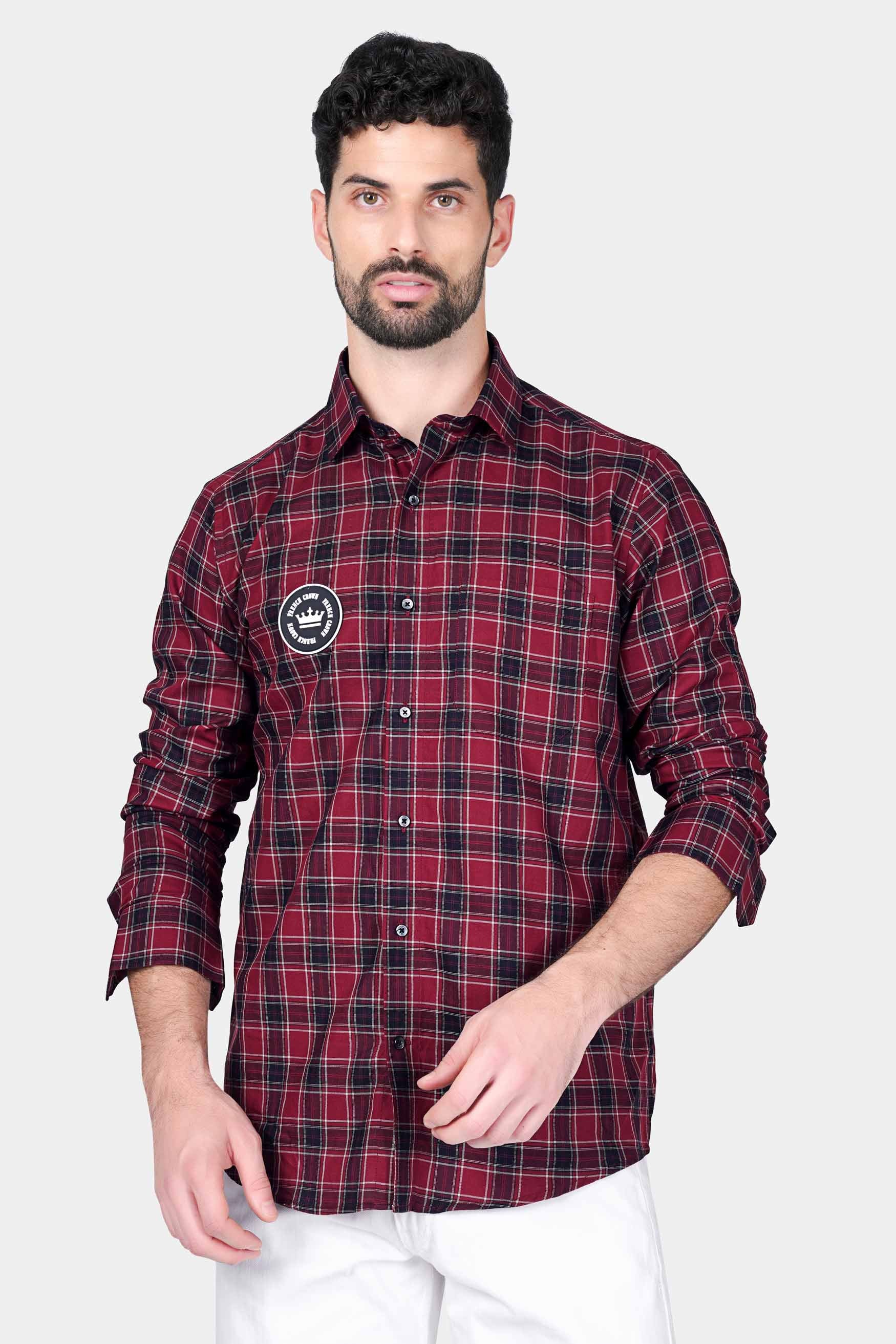 Stiletto Red and Haiti Blue Plaid With Brand Name Patchwork Twill Premium Cotton Designer Shirt 5662-BLK-E278-38, 5662-BLK-E278-H-38, 5662-BLK-E278-39, 5662-BLK-E278-H-39, 5662-BLK-E278-40, 5662-BLK-E278-H-40, 5662-BLK-E278-42, 5662-BLK-E278-H-42, 5662-BLK-E278-44, 5662-BLK-E278-H-44, 5662-BLK-E278-46, 5662-BLK-E278-H-46, 5662-BLK-E278-48, 5662-BLK-E278-H-48, 5662-BLK-E278-50, 5662-BLK-E278-H-50, 5662-BLK-E278-52, 5662-BLK-E278-H-52