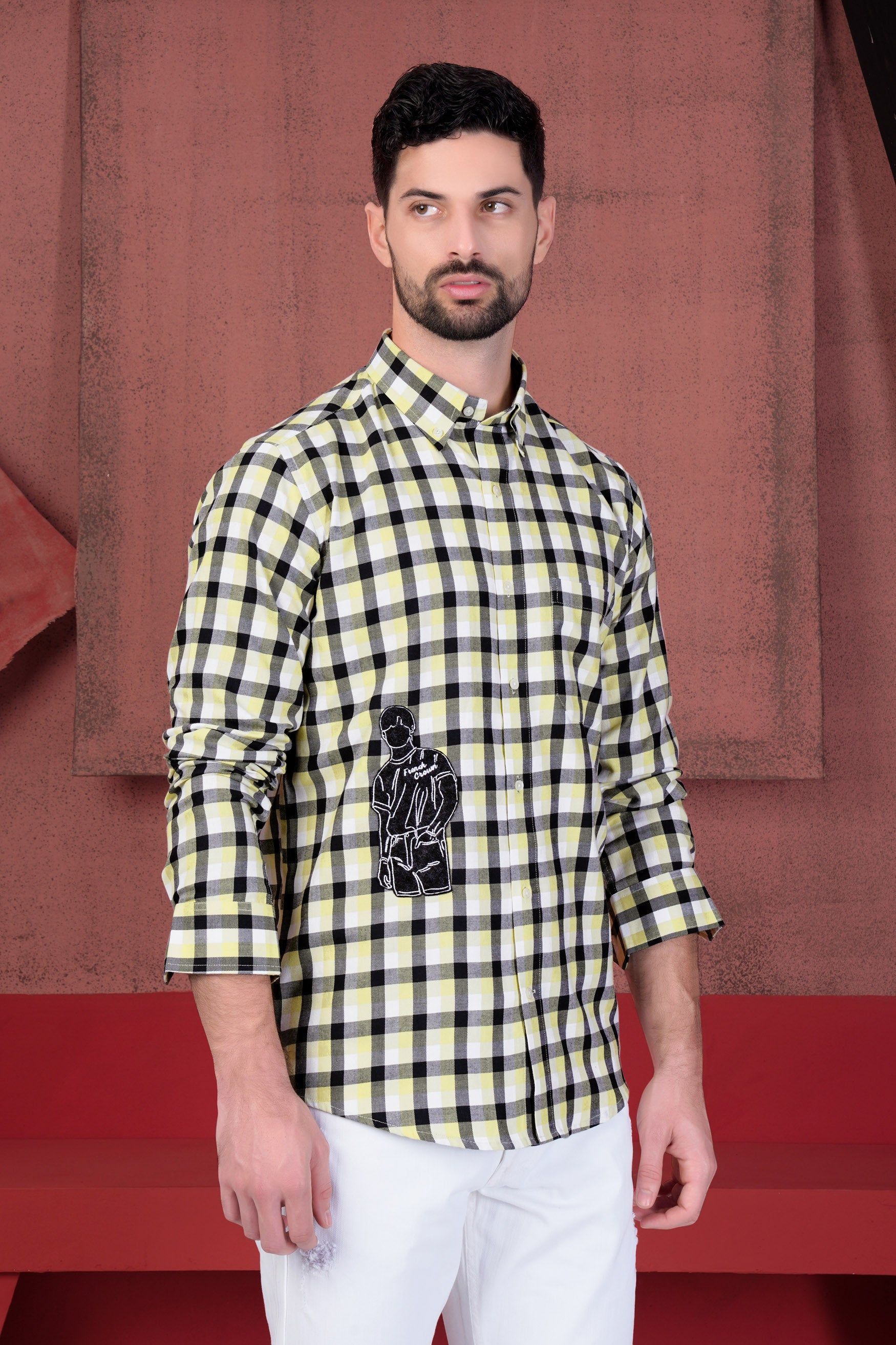 Jade Black and Astra Green Checkered with Cool Guy Patchwork Twill Premium Cotton Designer Shirt