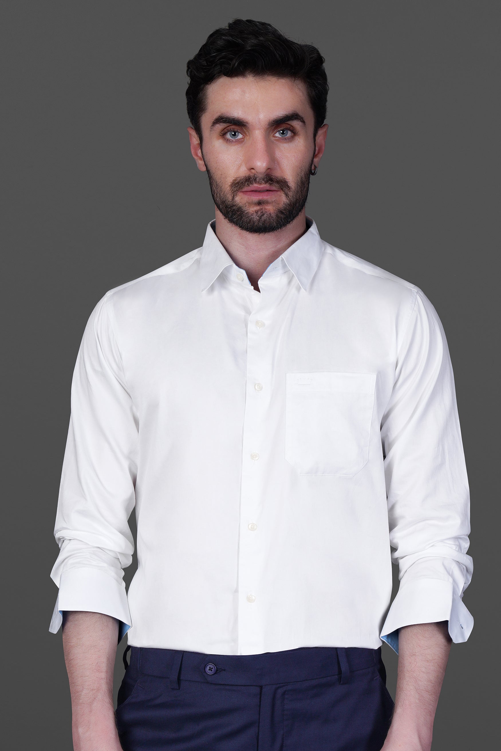 Bright White with Blue Subtle Sheen Elbow Patch Premium Cotton Shirt