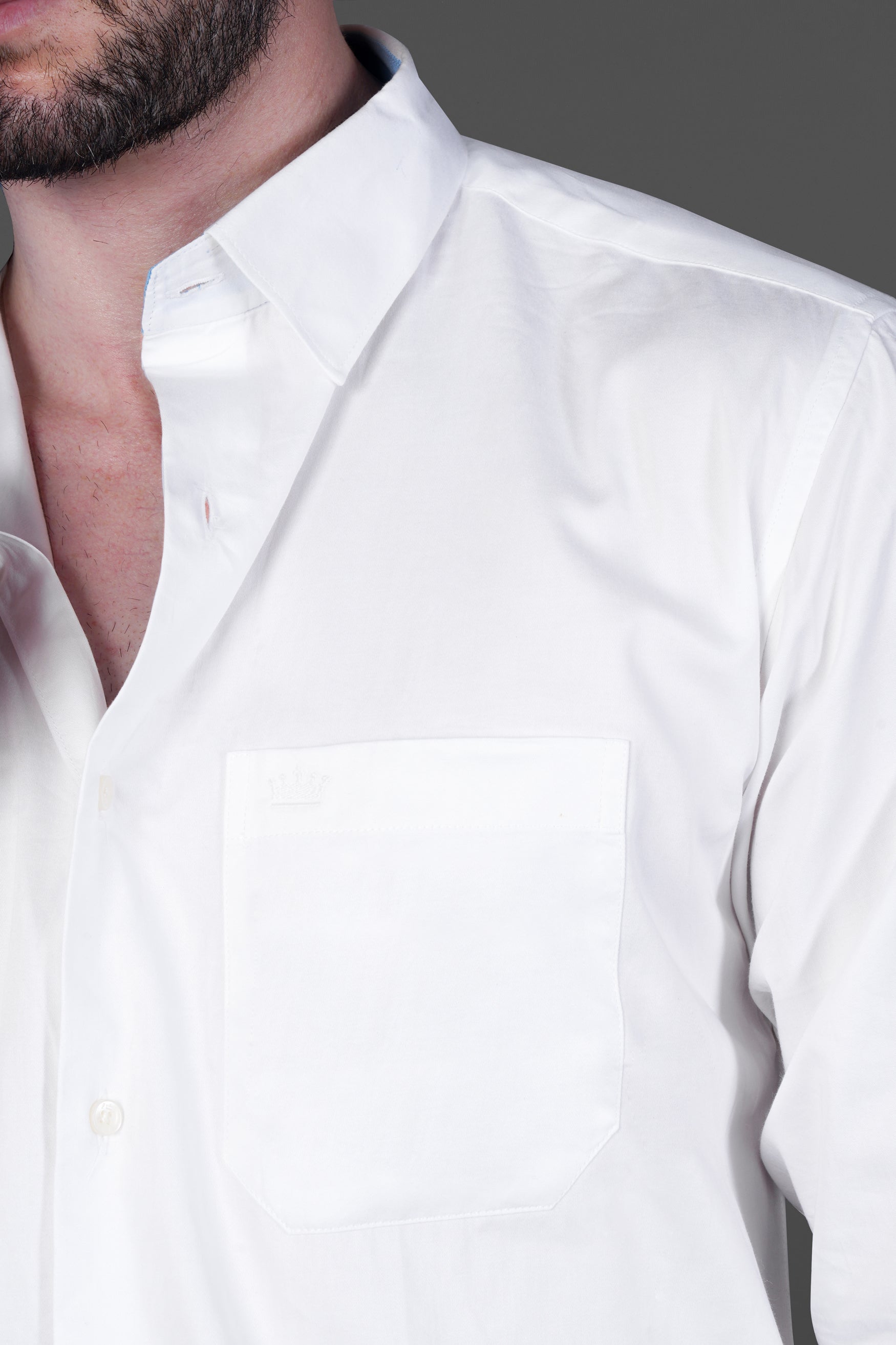 Bright White with Blue Subtle Sheen Elbow Patch Premium Cotton Shirt