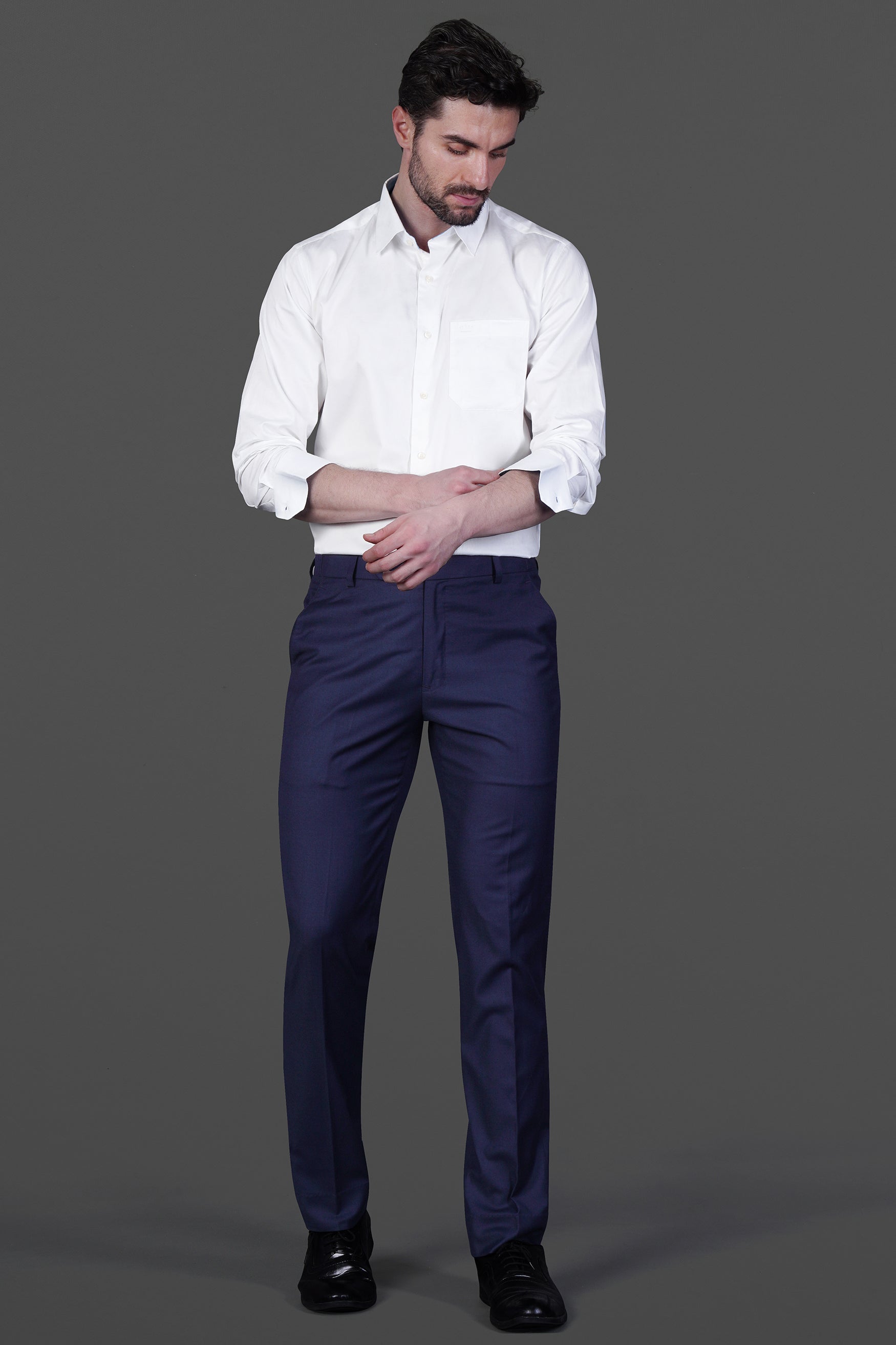 Bright White with Blue Subtle Sheen Elbow Patch Premium Cotton Shirt