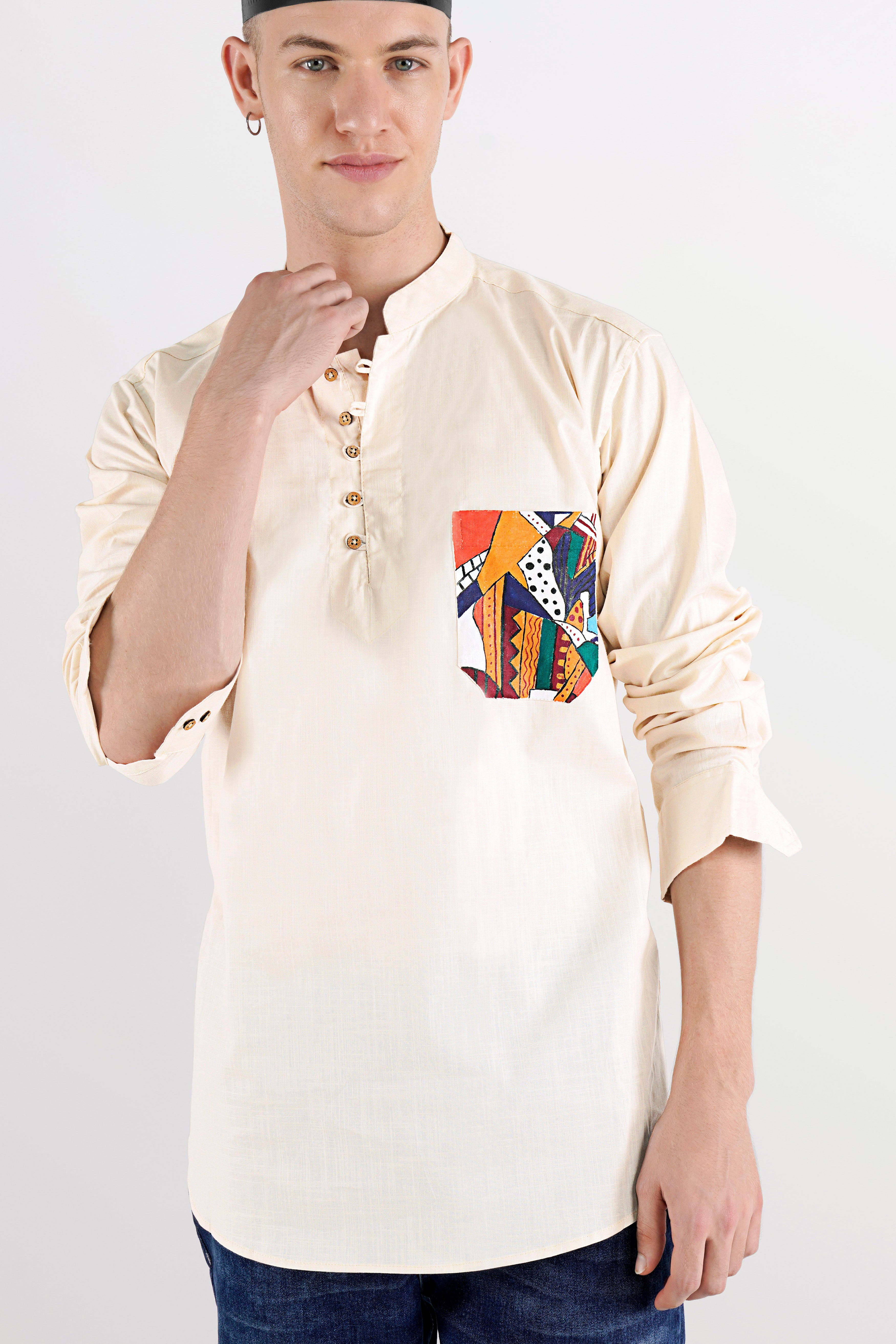 Ecru Beige Hand Painted Luxurious Linen Designer Kurta Shirt