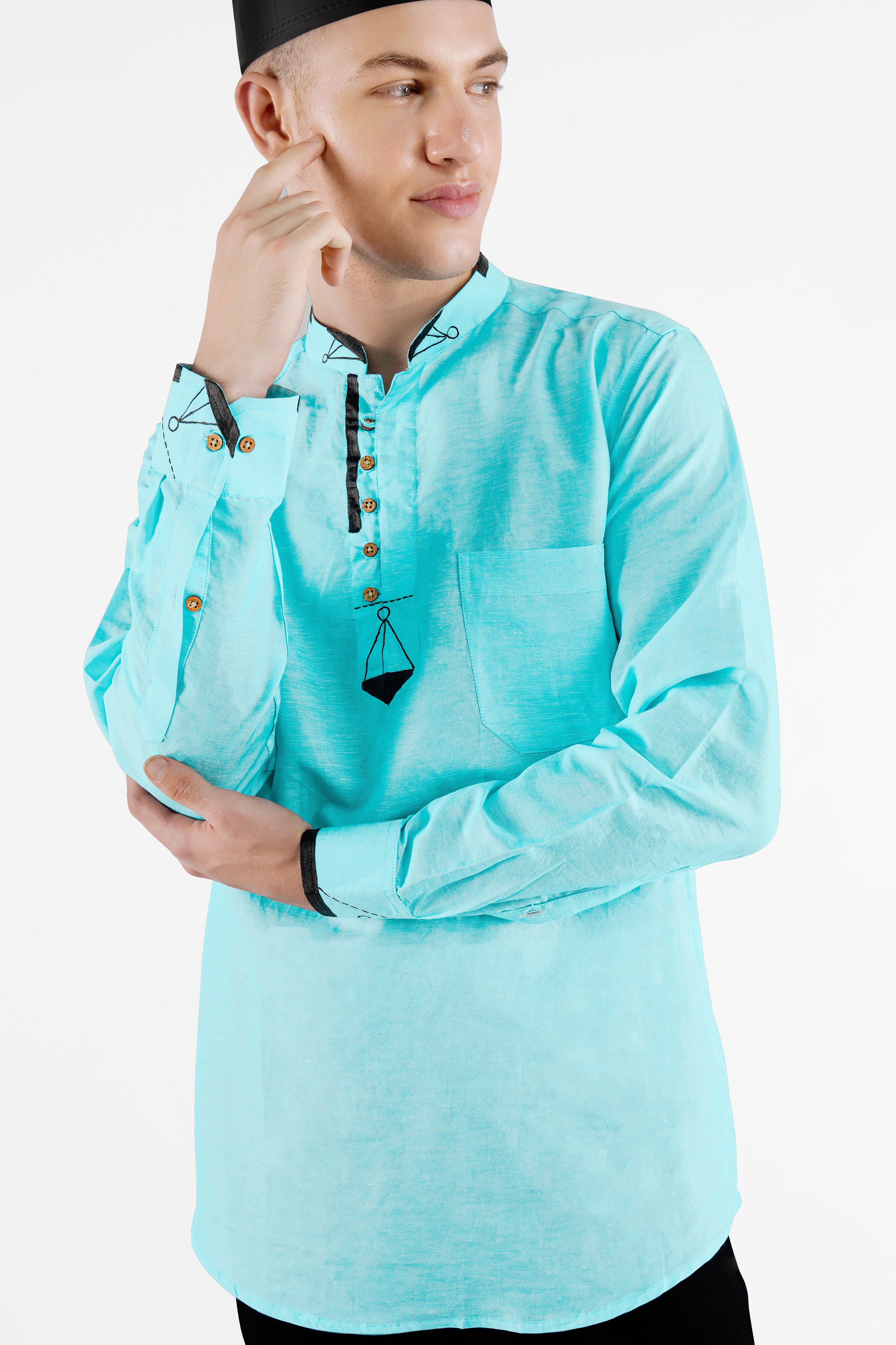 Blizzard Blue Hand Painted Luxurious Linen Kurta Shirt