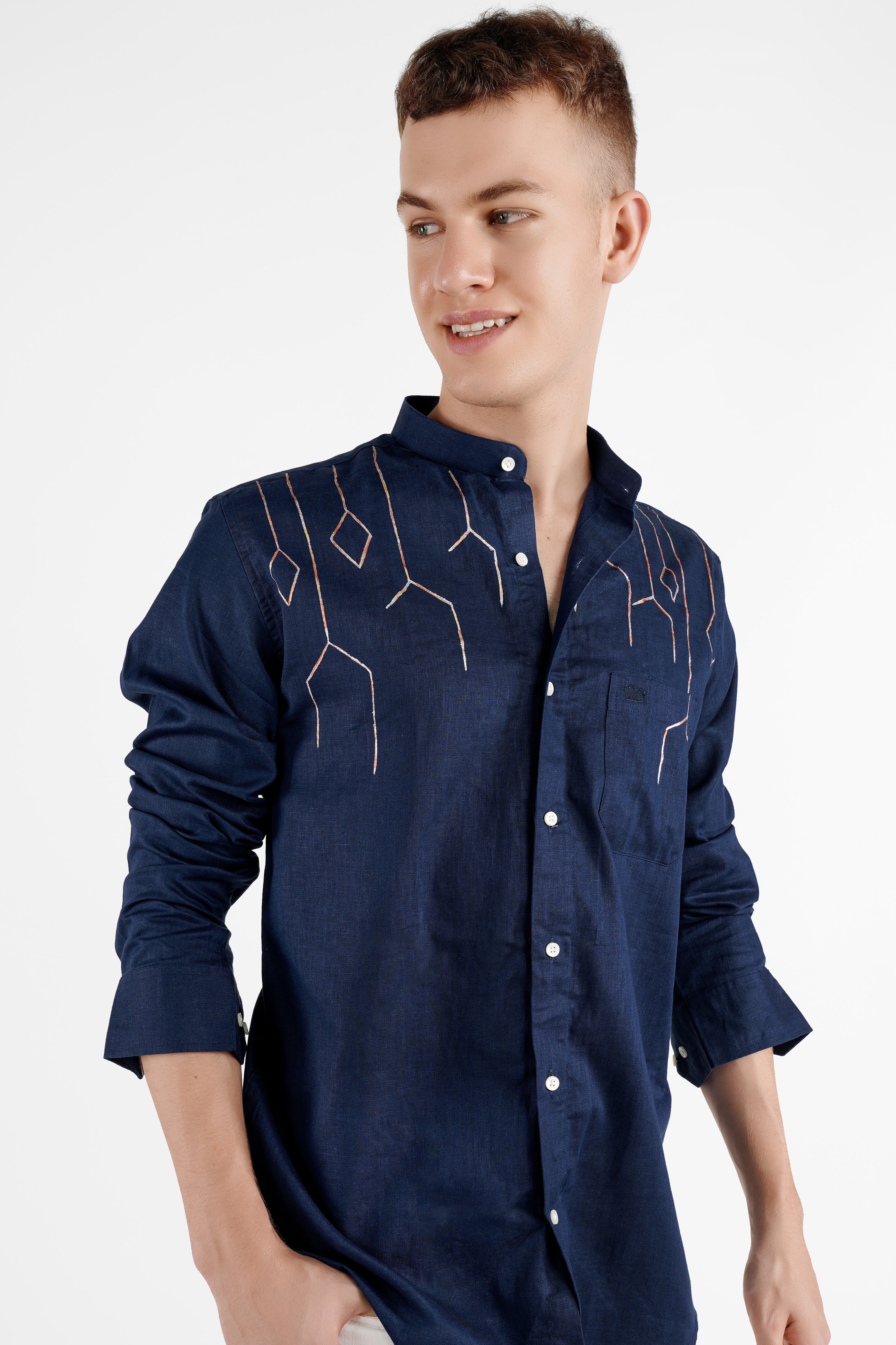 Bunting Blue Hand Painted Luxurious Linen Designer Shirt