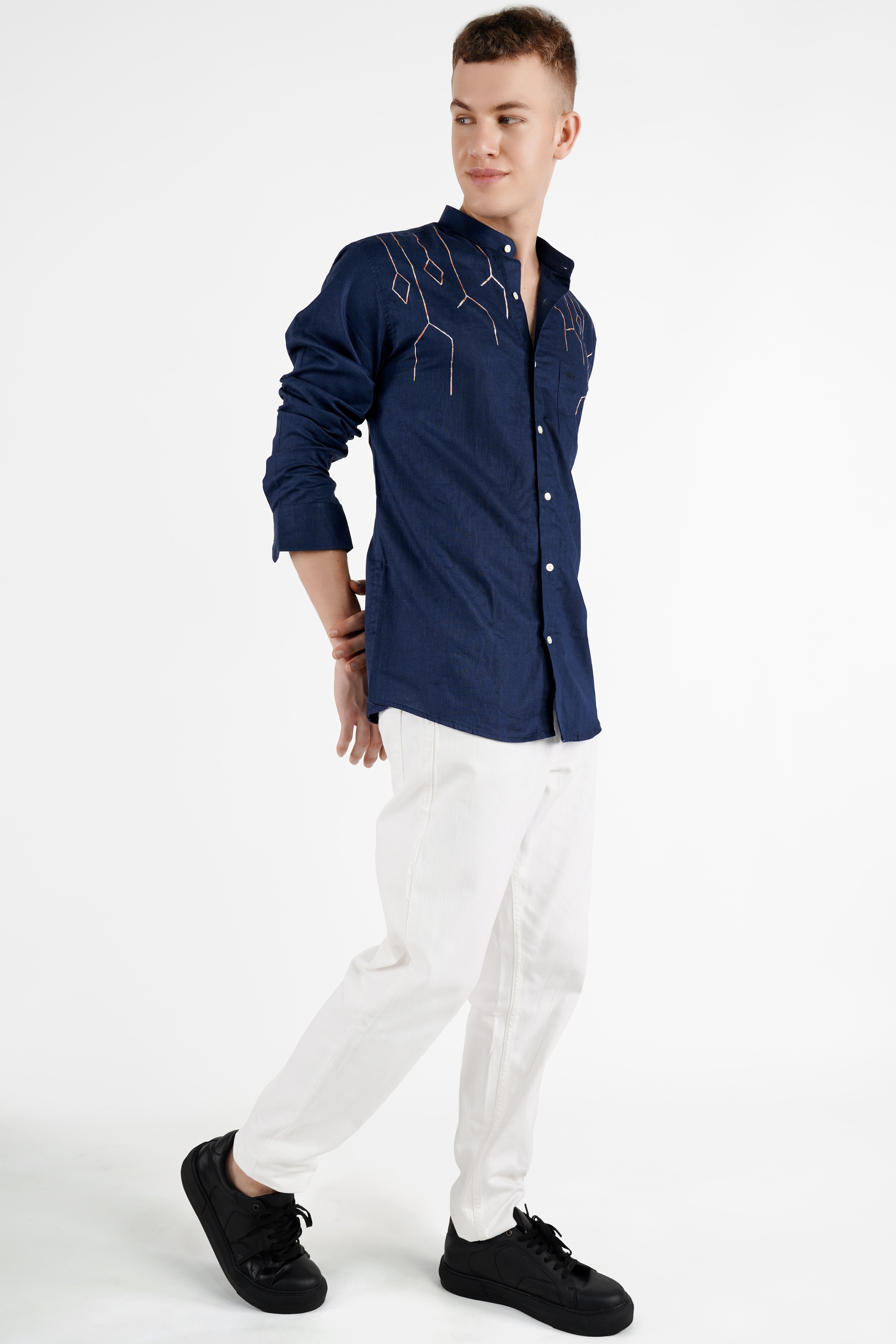 Bunting Blue Hand Painted Luxurious Linen Designer Shirt