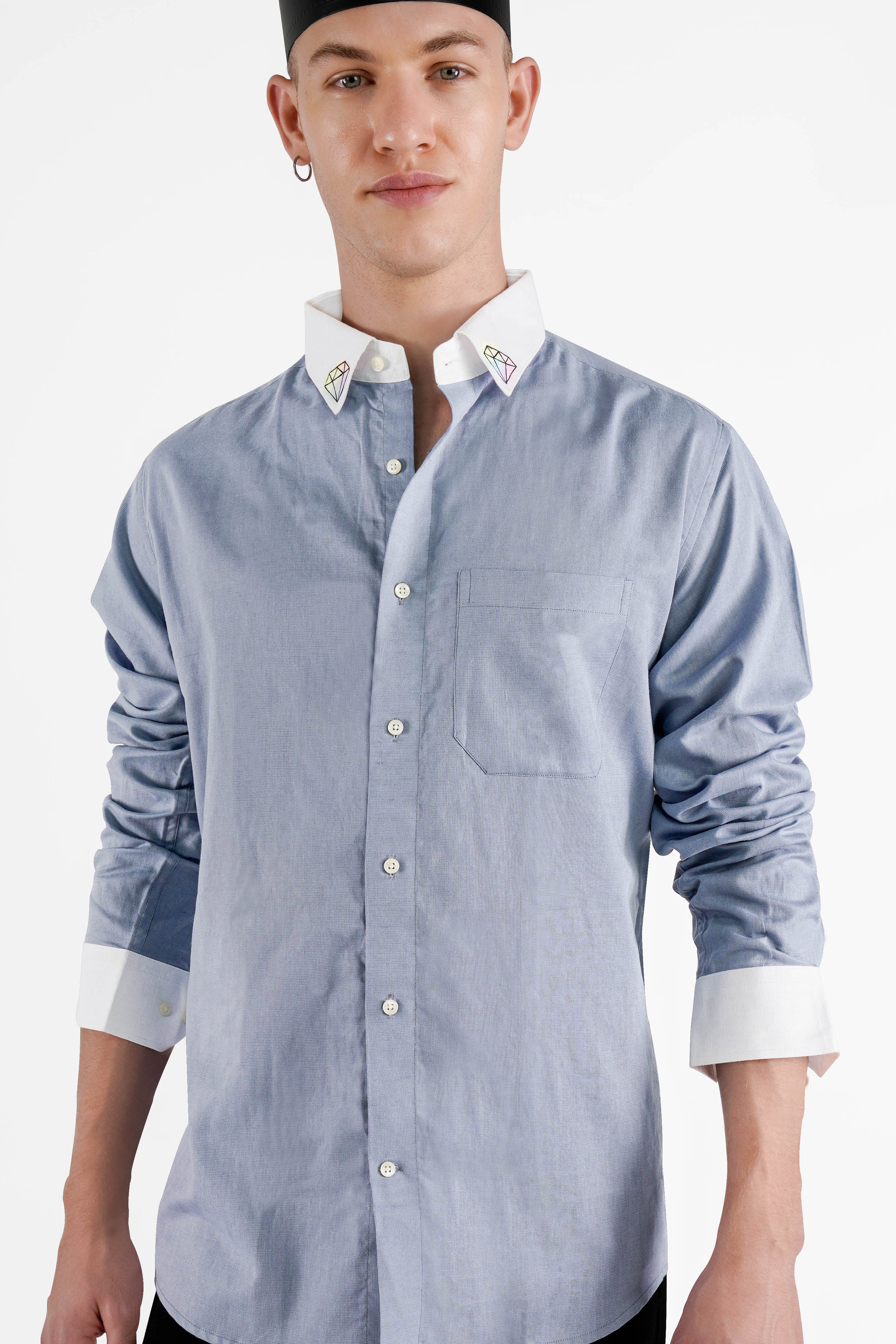 Yonder Blue with White Collar and Cuffs Hand Painted Luxurious Linen Designer Shirt