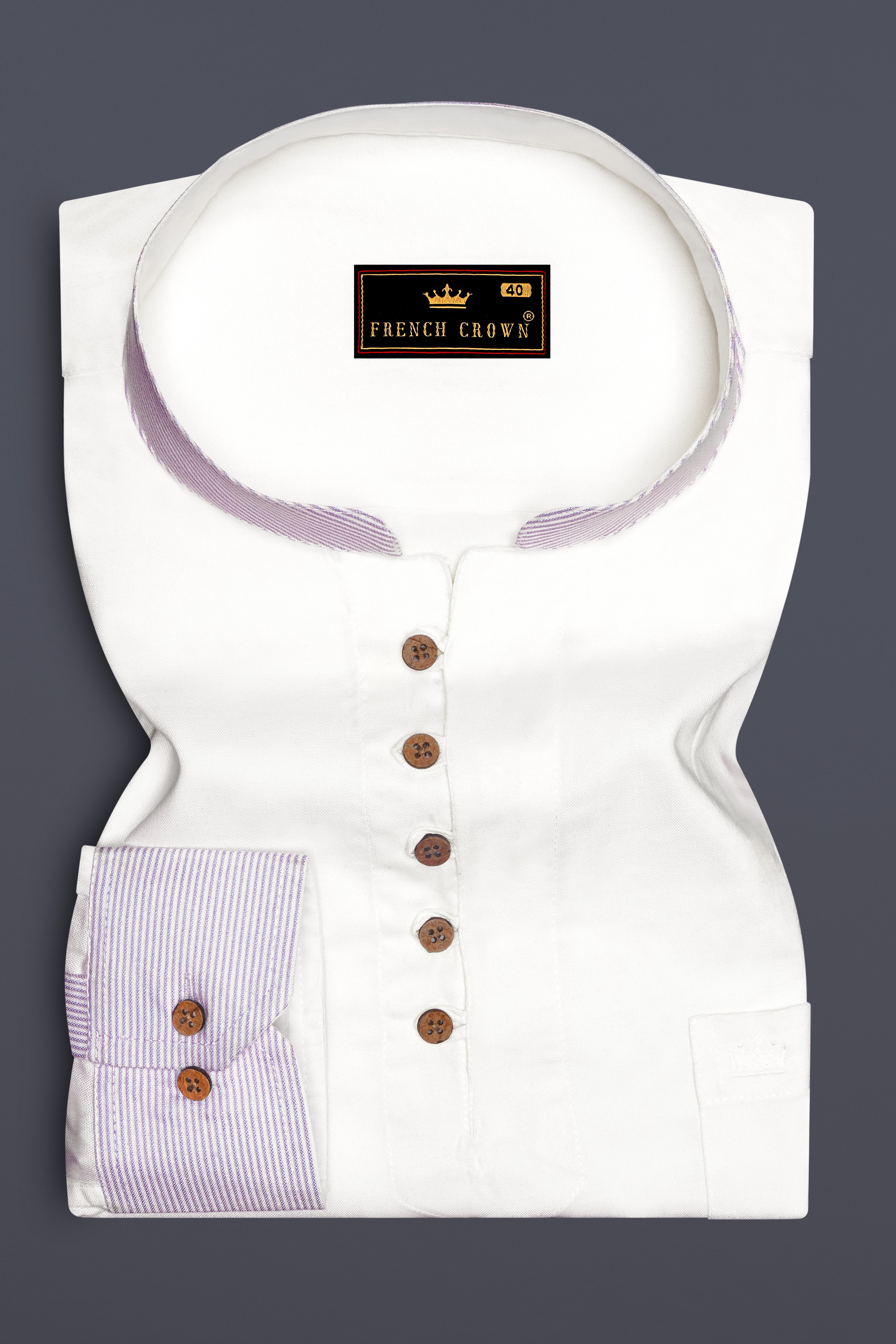 Bright White with lilac Cuff-Collar Royal Oxford Kurta Shirt