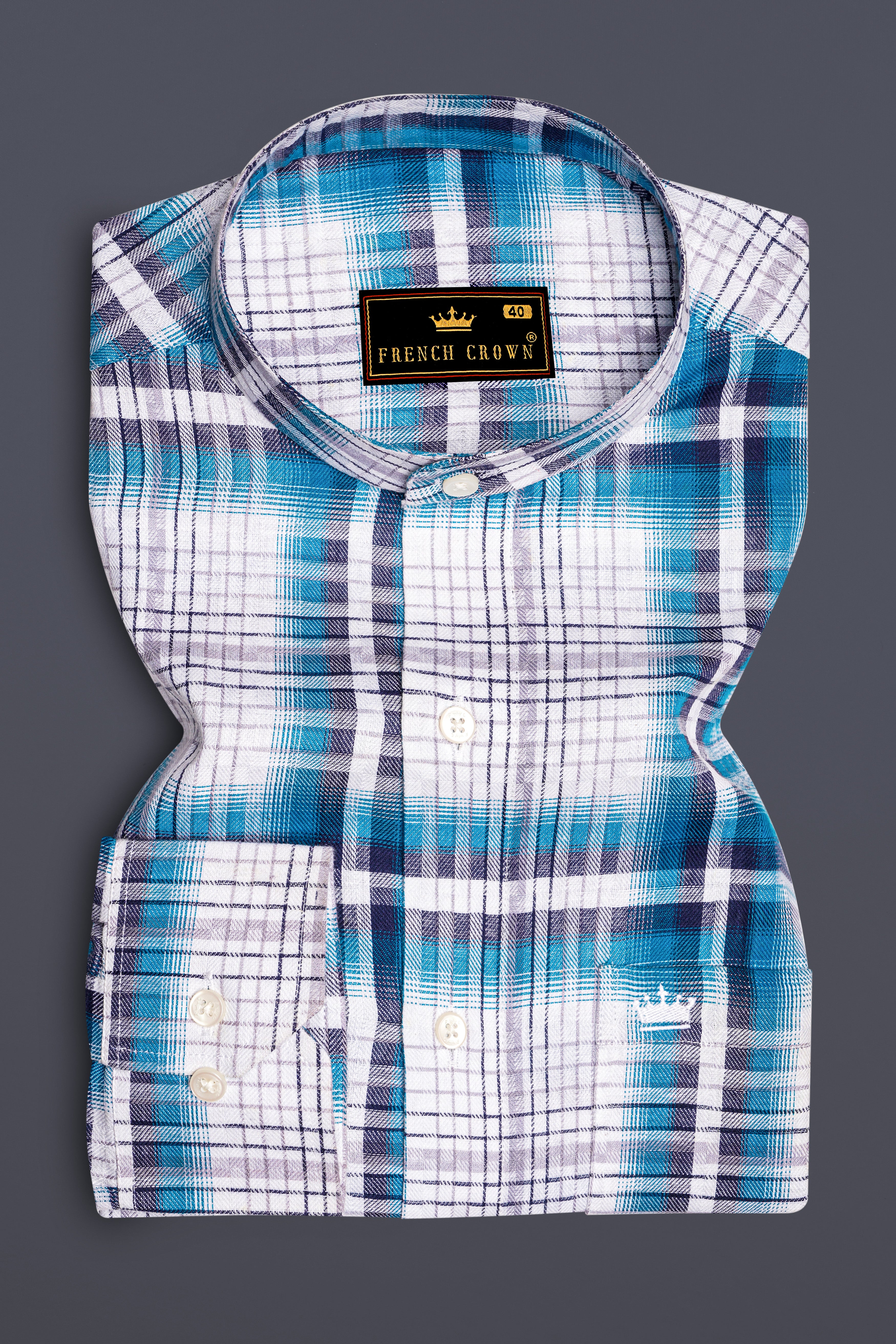 Bright White with Cerulean Twill Windowpane Premium Cotton Shirt