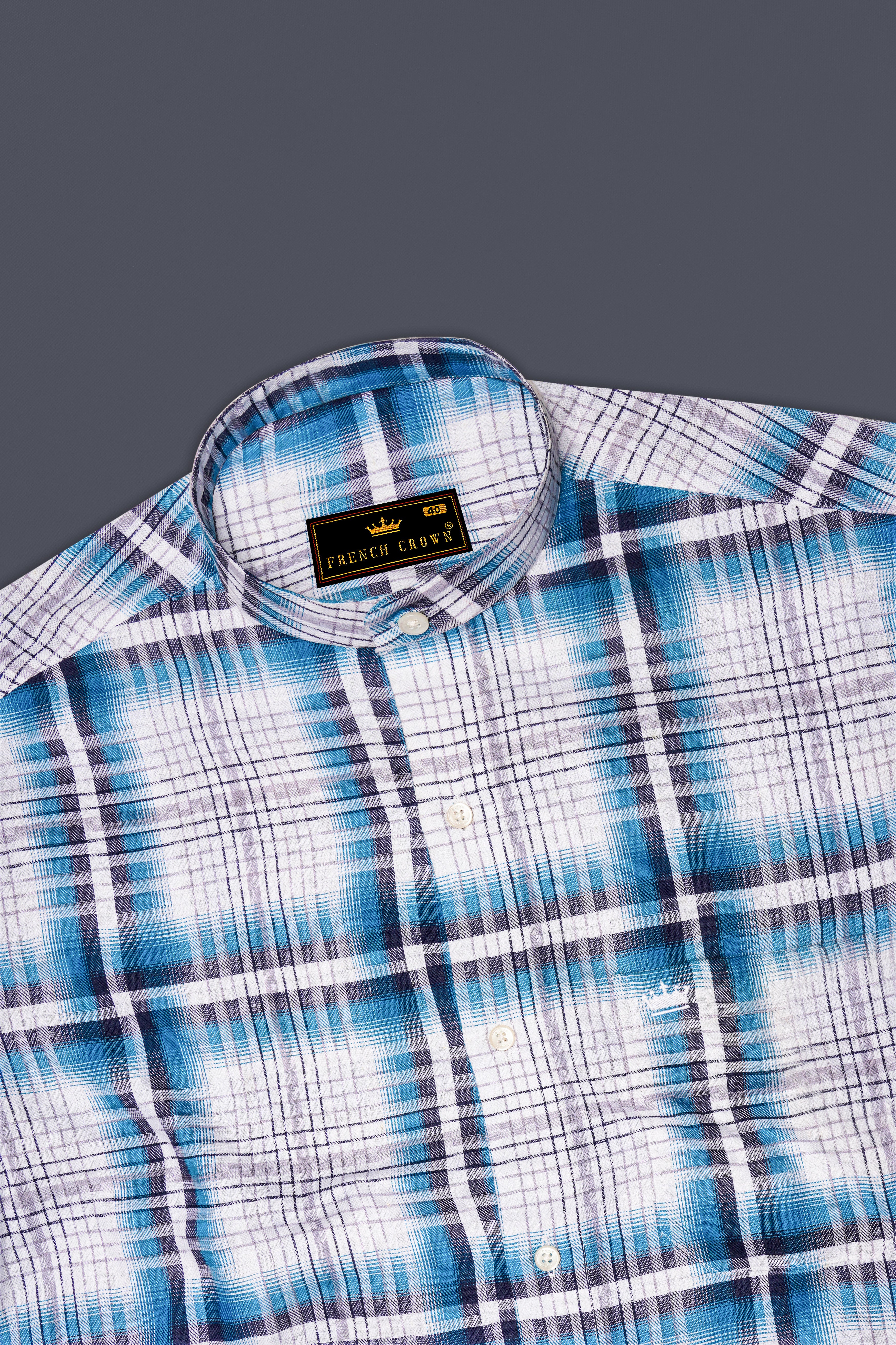 Bright White with Cerulean Twill Windowpane Premium Cotton Shirt