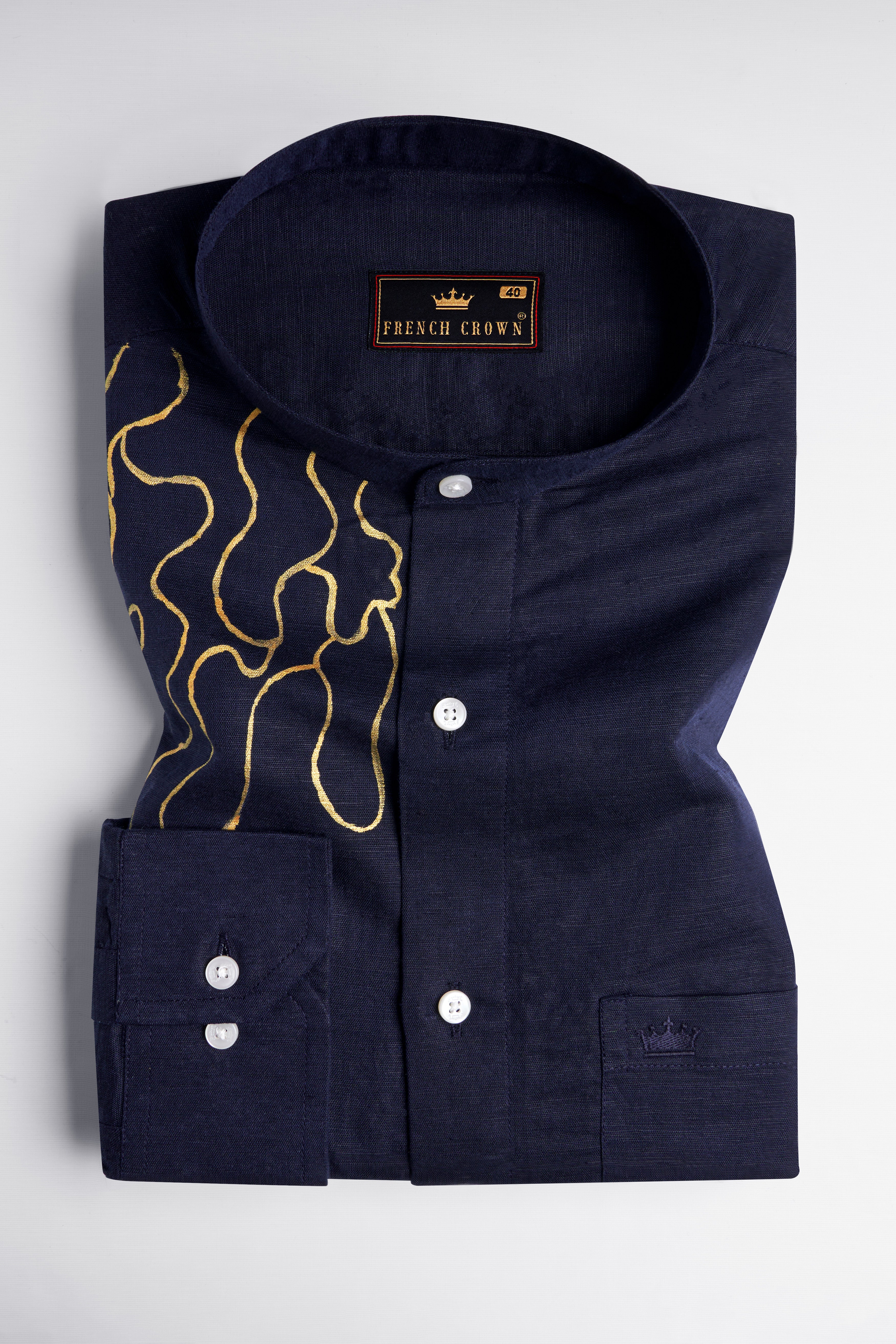 Cloud Burst Navy Blue Hand Painted Luxurious Linen Designer Shirt