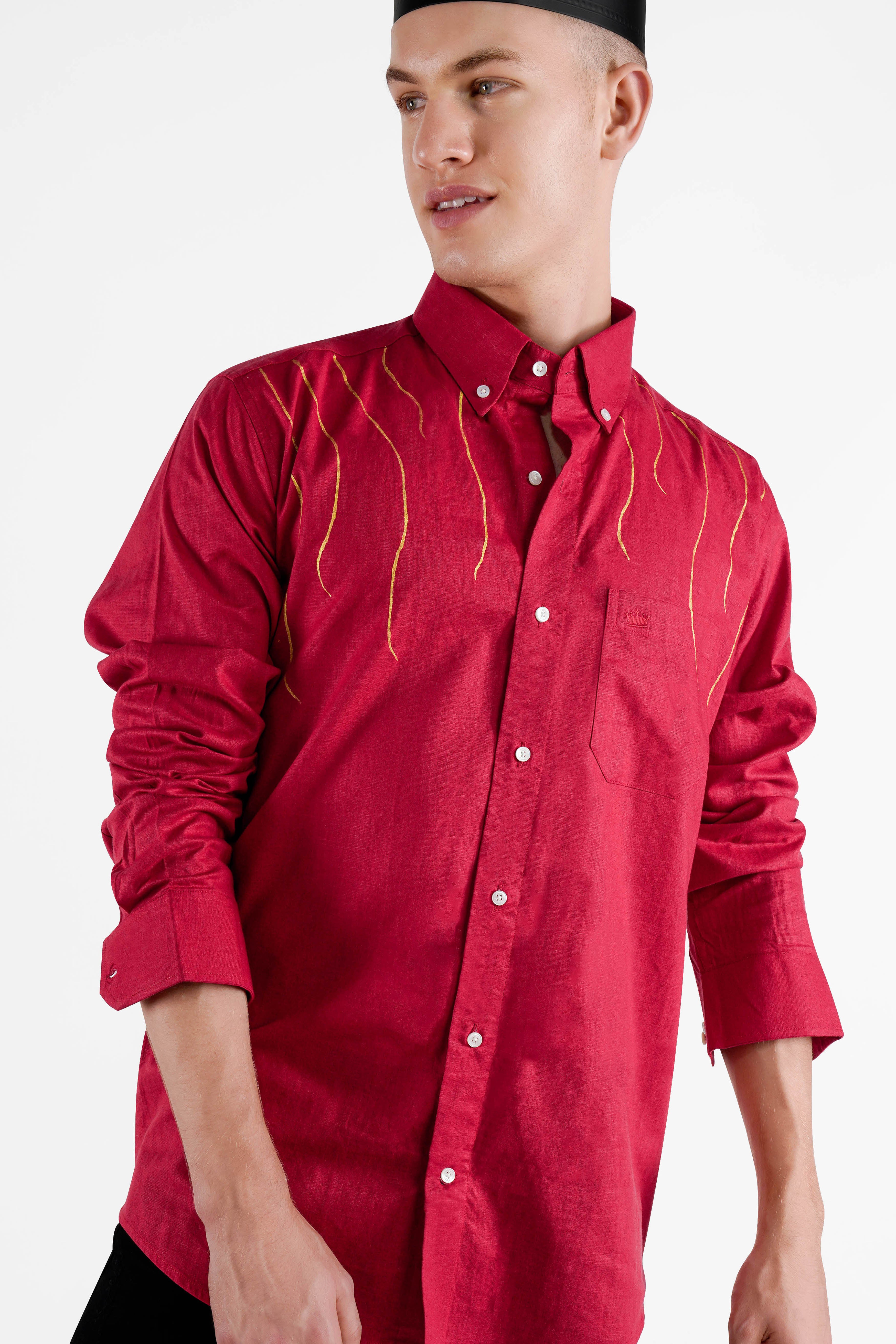 Carmine Red with Gold Hand Painted Luxurious Linen Designer Shirt