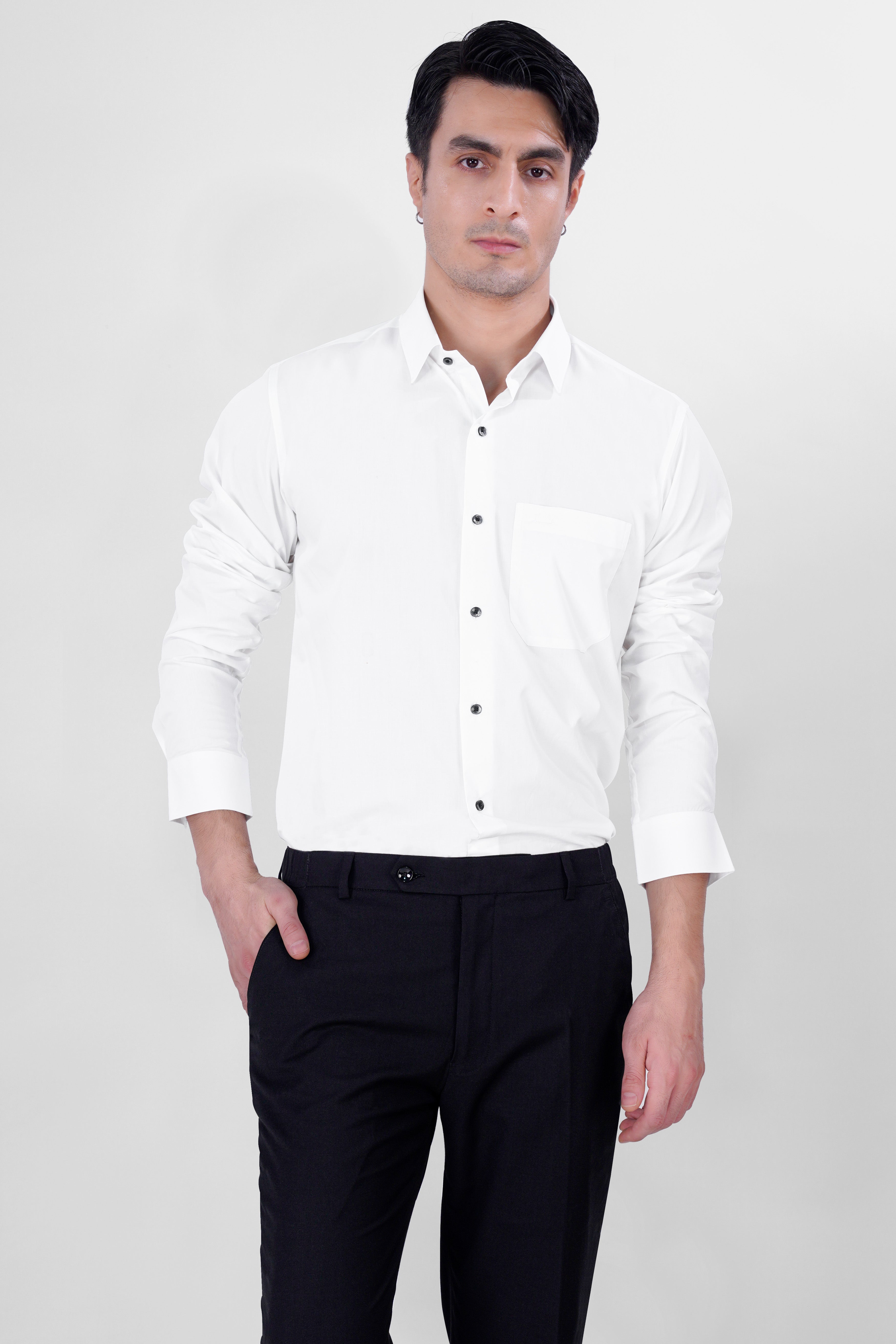 Bright White Black Buttoned Premium Cotton Shirt