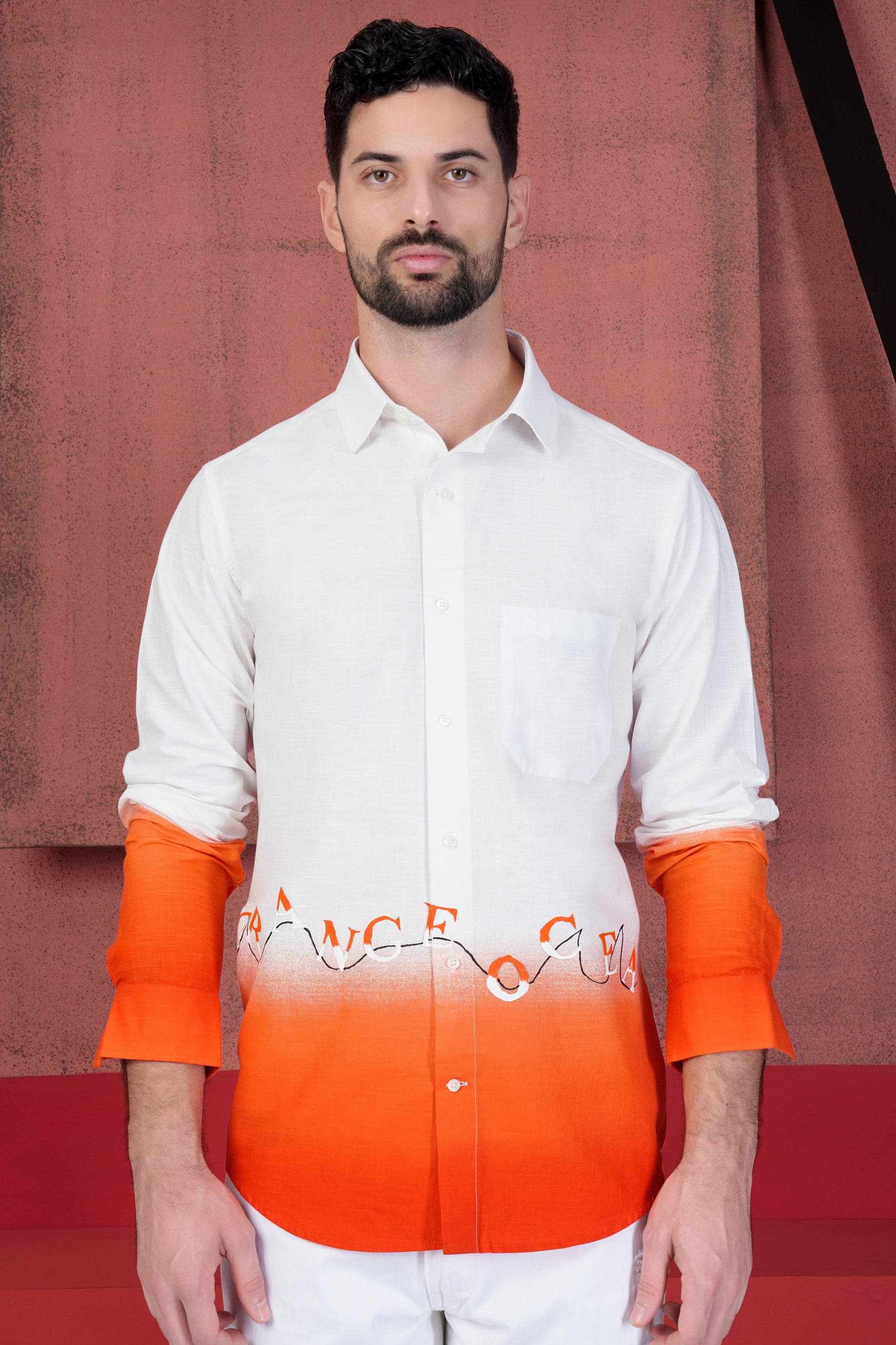 Pumpkin Orange and White Hand Painted Luxurious Linen Designer Shirt