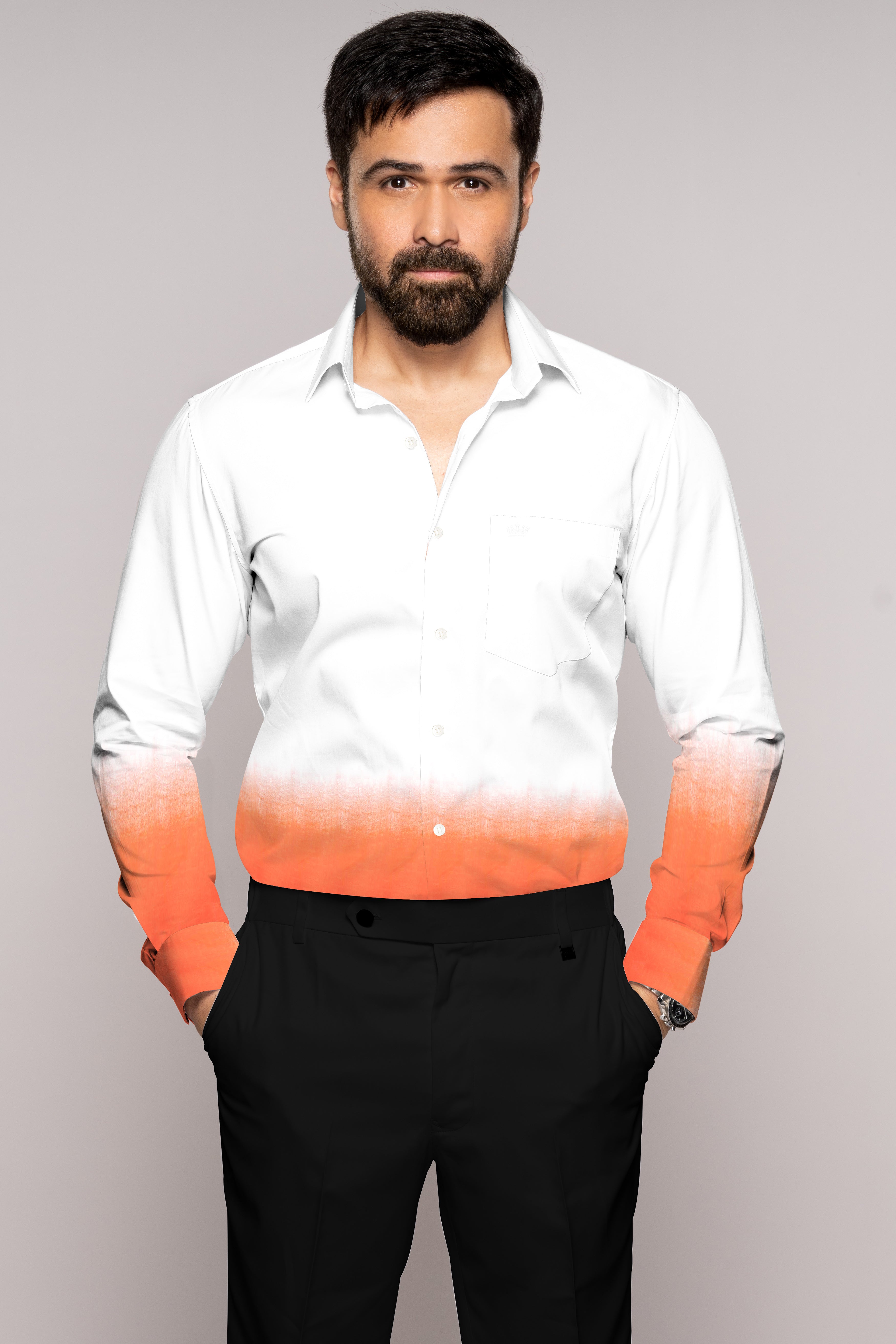 White and Bittersweet Orange Luxurious Linen Shirt