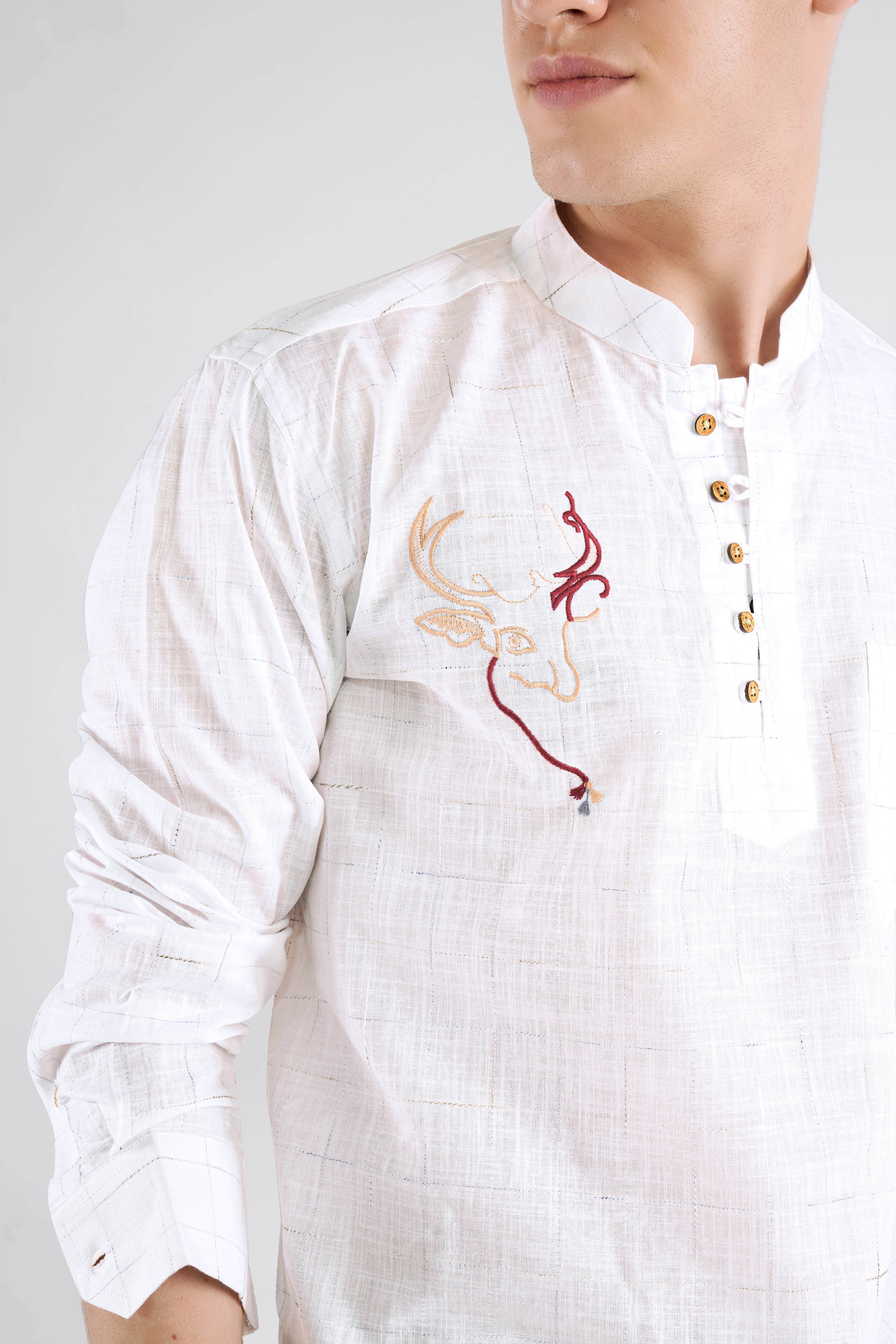 Bright white Checkered With Deer Embroidered Luxurious Linen Designer Kurta Shirt