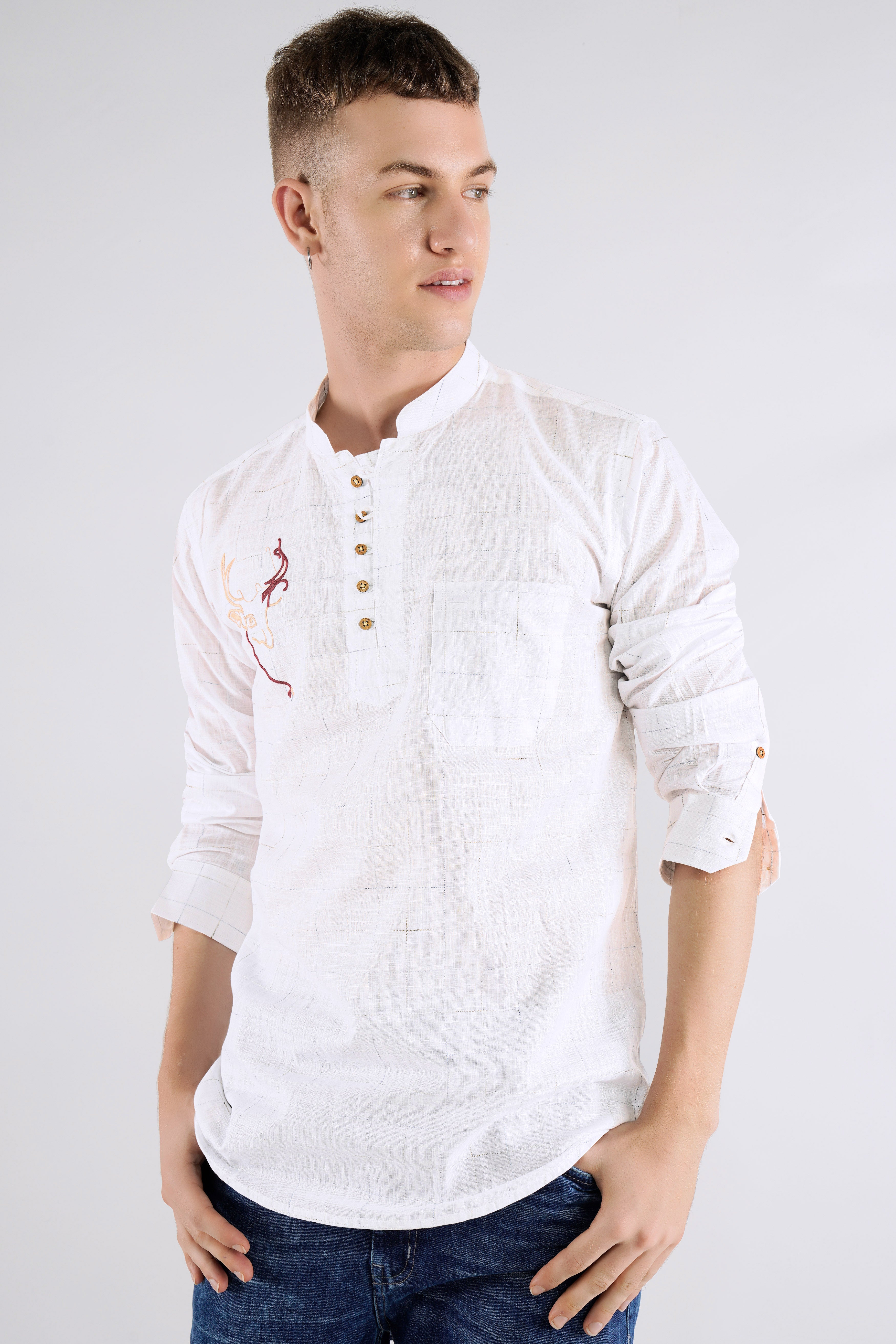 Bright white Checkered With Deer Embroidered Luxurious Linen Designer Kurta Shirt