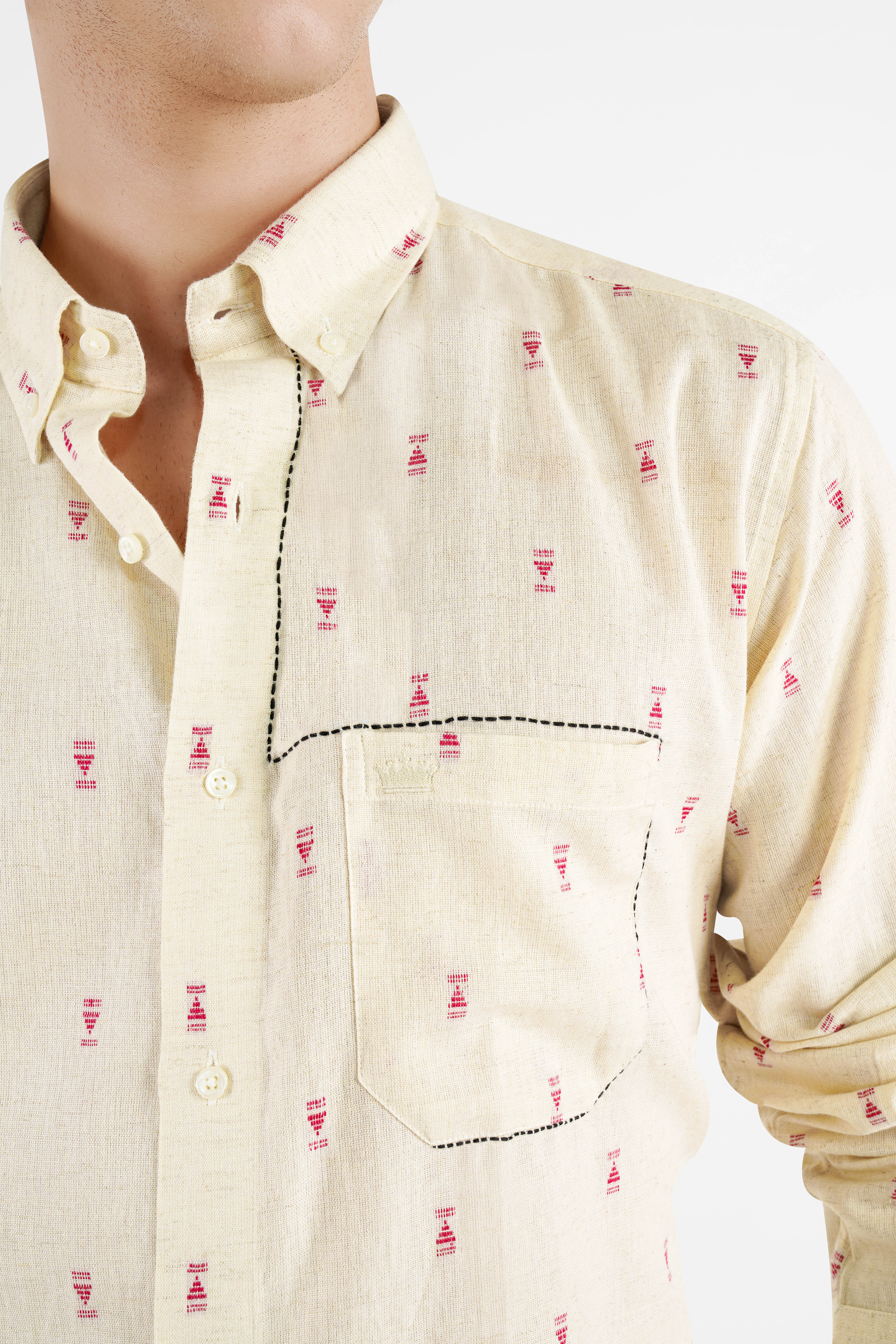 Timberwolf Beige Hand Stitched Jacquard  Luxurious Linen Button-Down Designer Shirt