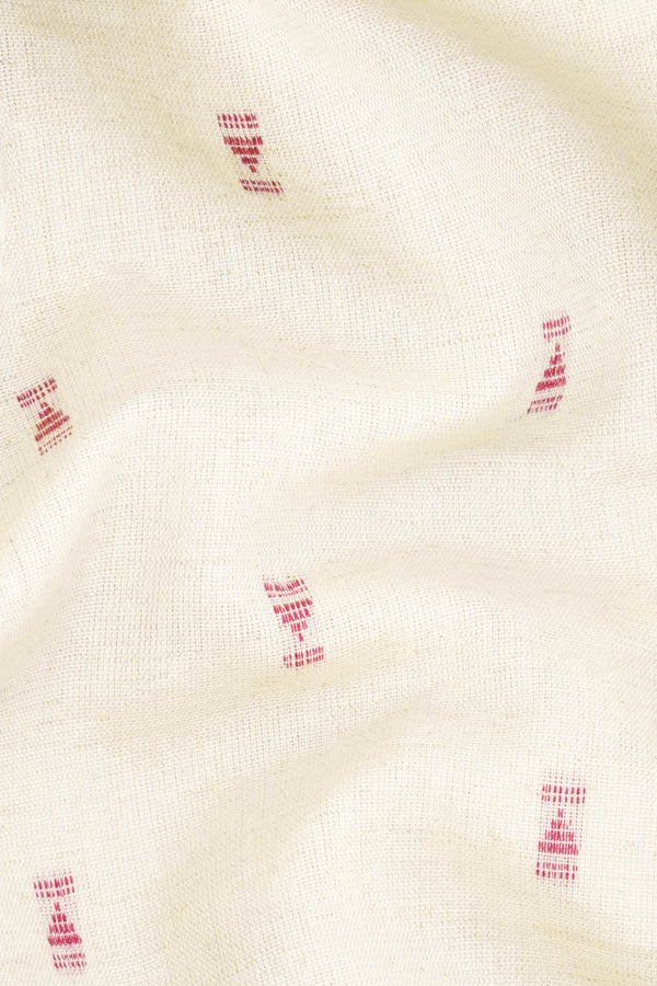 Timberwolf Beige Hand Stitched Jacquard  Luxurious Linen Button-Down Designer Shirt