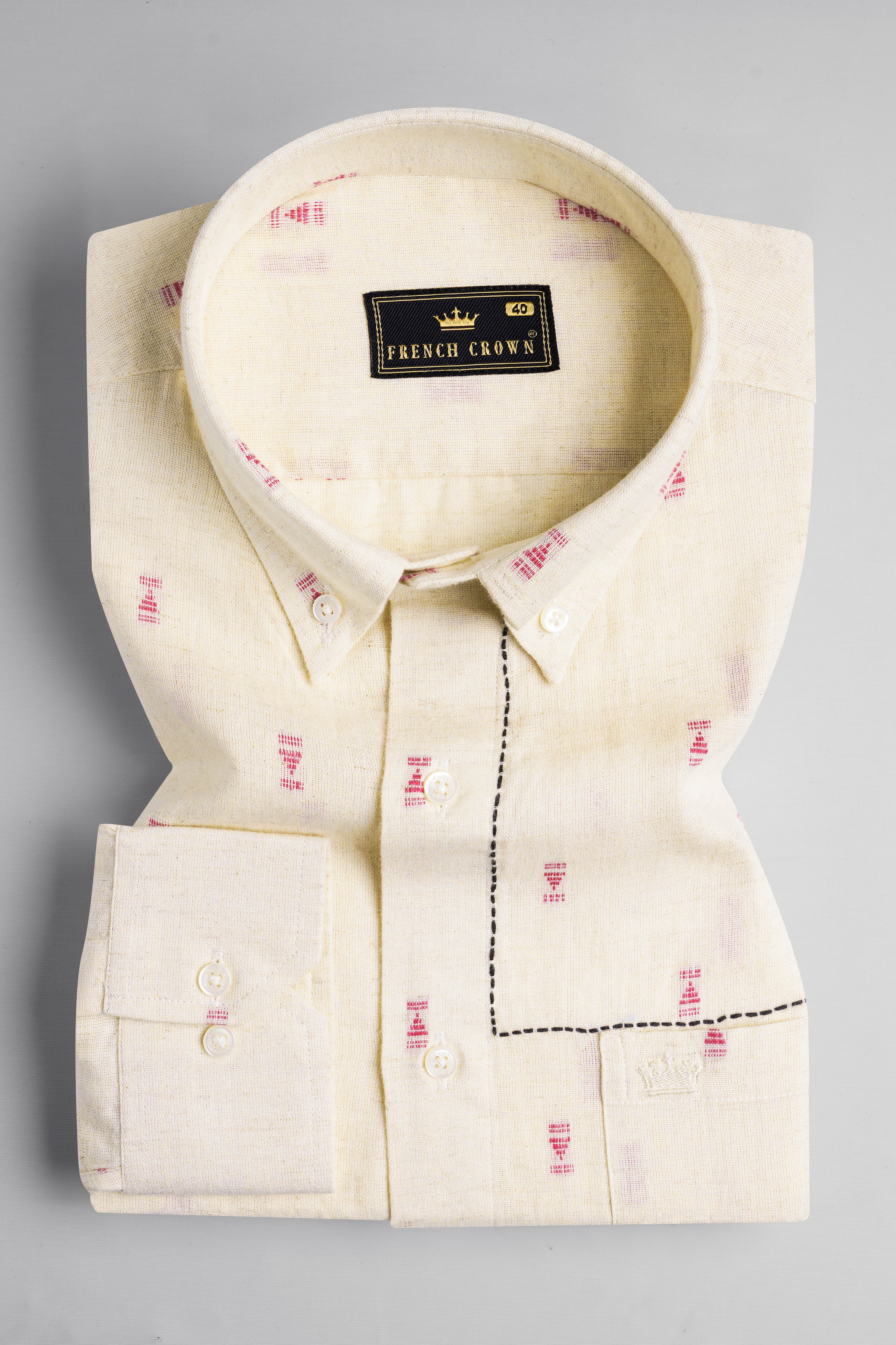 Timberwolf Beige Hand Stitched Jacquard  Luxurious Linen Button-Down Designer Shirt