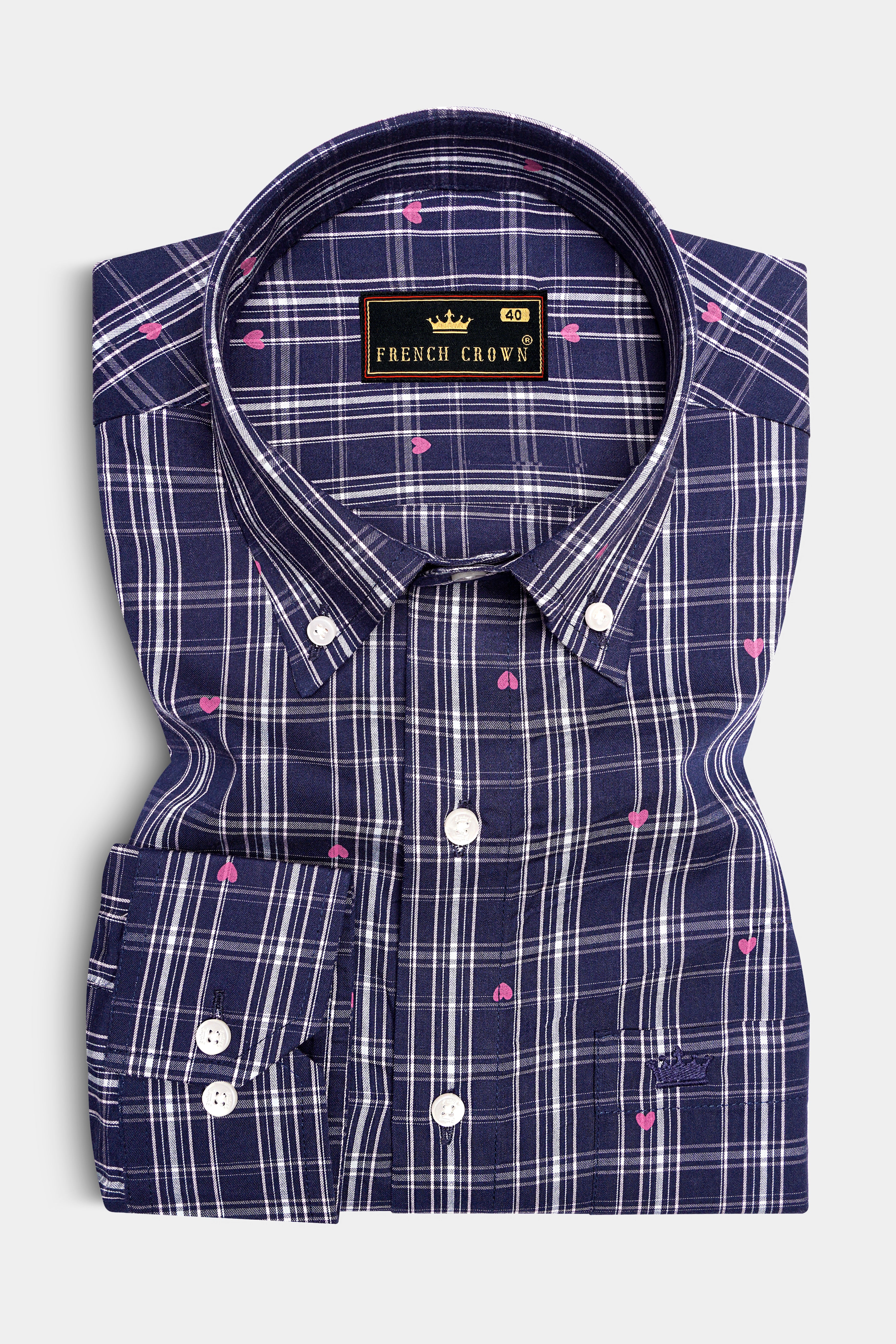 Port Gore Blue Heart Printed Plaid Premium Cotton Shirt