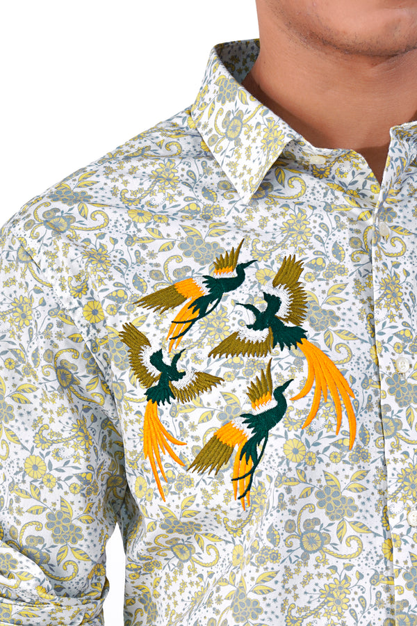 Bright White with Gimblet Brown and Misty Gray Printed with Birds Embroidered Royal Oxford Designer Shirt