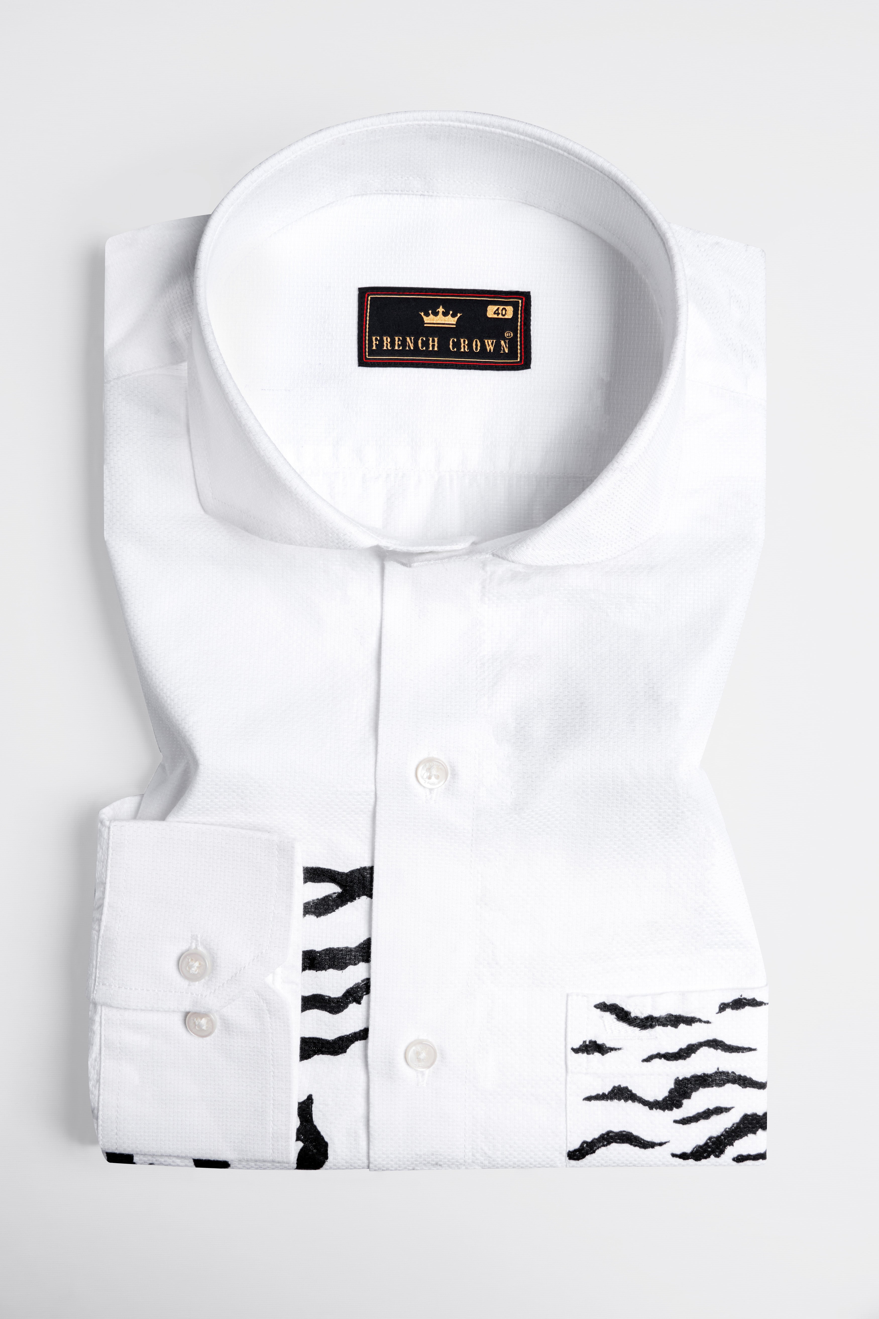 Bright White Tiger Hand Painted Dobby Textured Premium Giza Cotton Designer Shirt