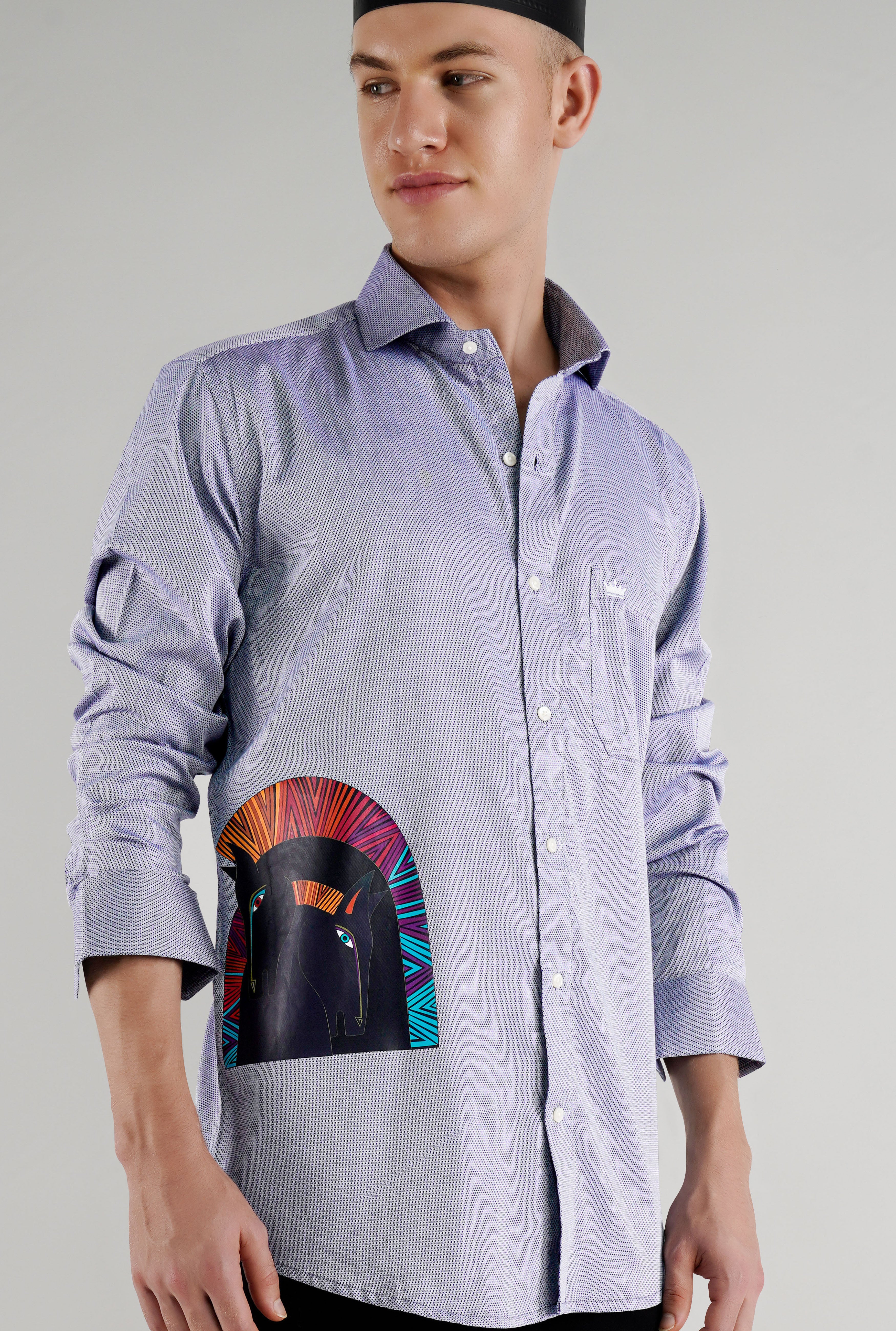 Spun Pearl with Artistic Printed Dobby Textured Premium Cotton Designer Shirt