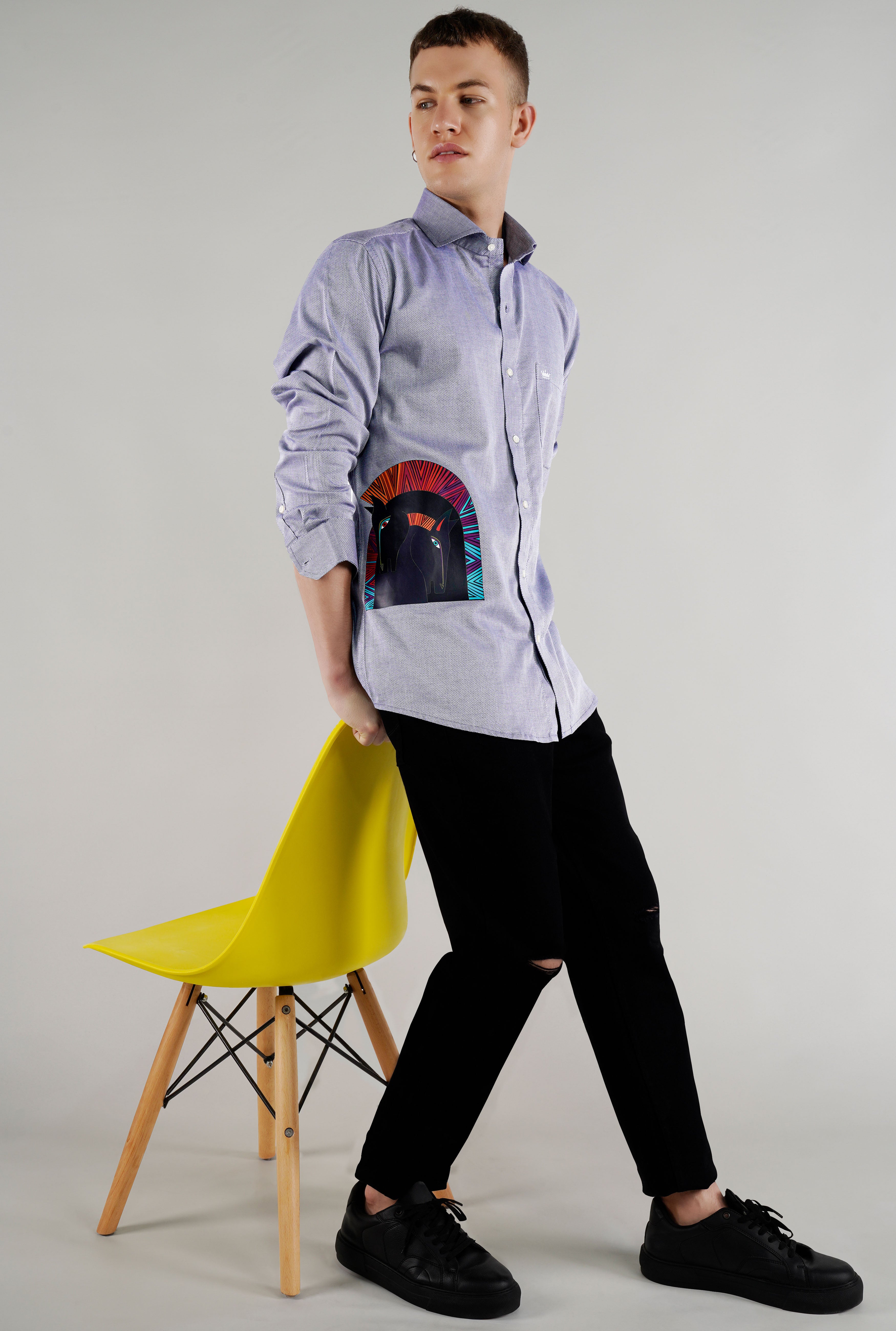 Spun Pearl with Artistic Printed Dobby Textured Premium Cotton Designer Shirt