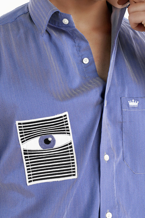 Wild Blue Yonder Subtle Striped with Evil Eye Embroidered Stretchable Herringbone Designer Shirt