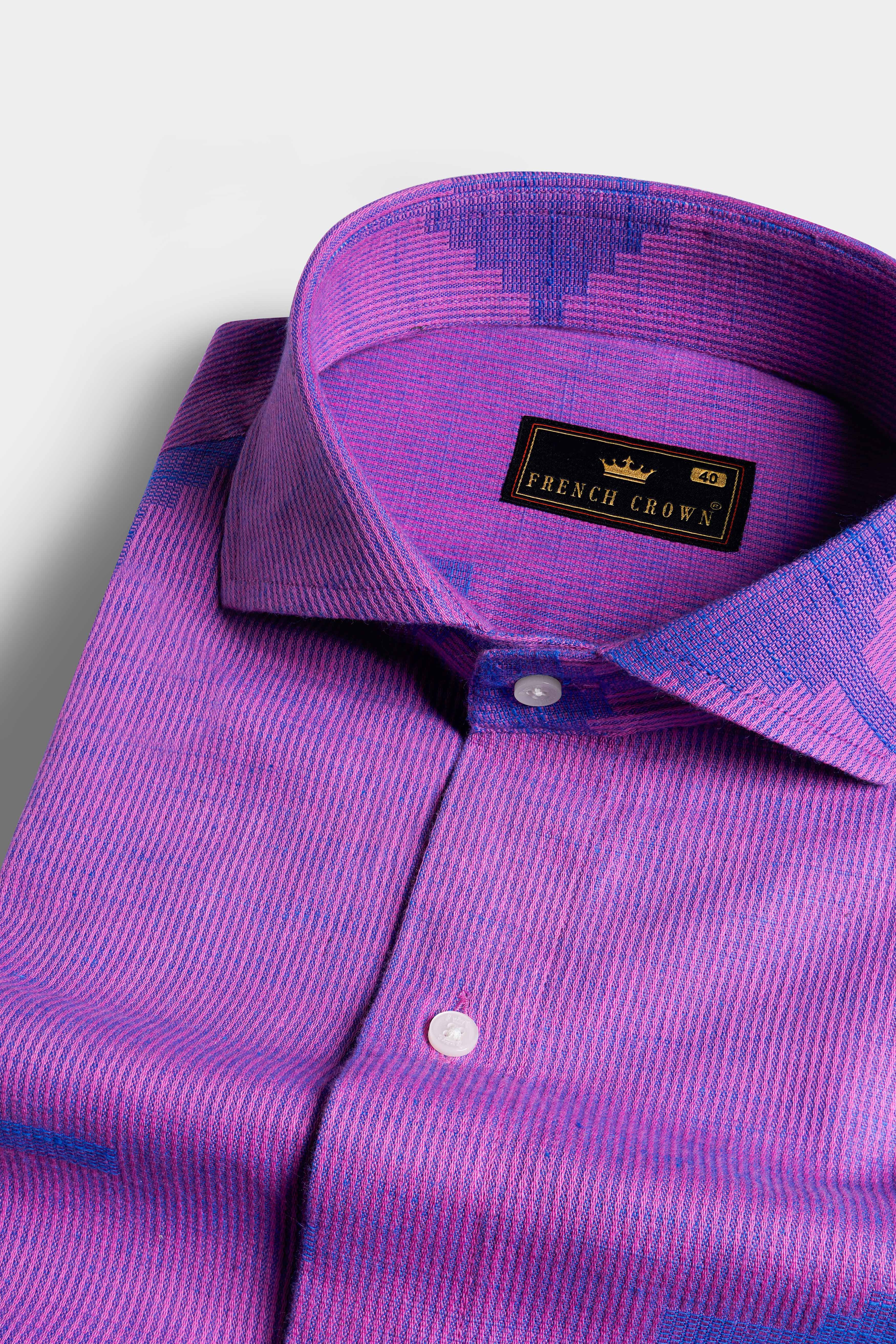 Barney Pink with Tory Blue Hand Embroidered and Hand Painted Dobby Textured Premium Giza Cotton Designer Shirt