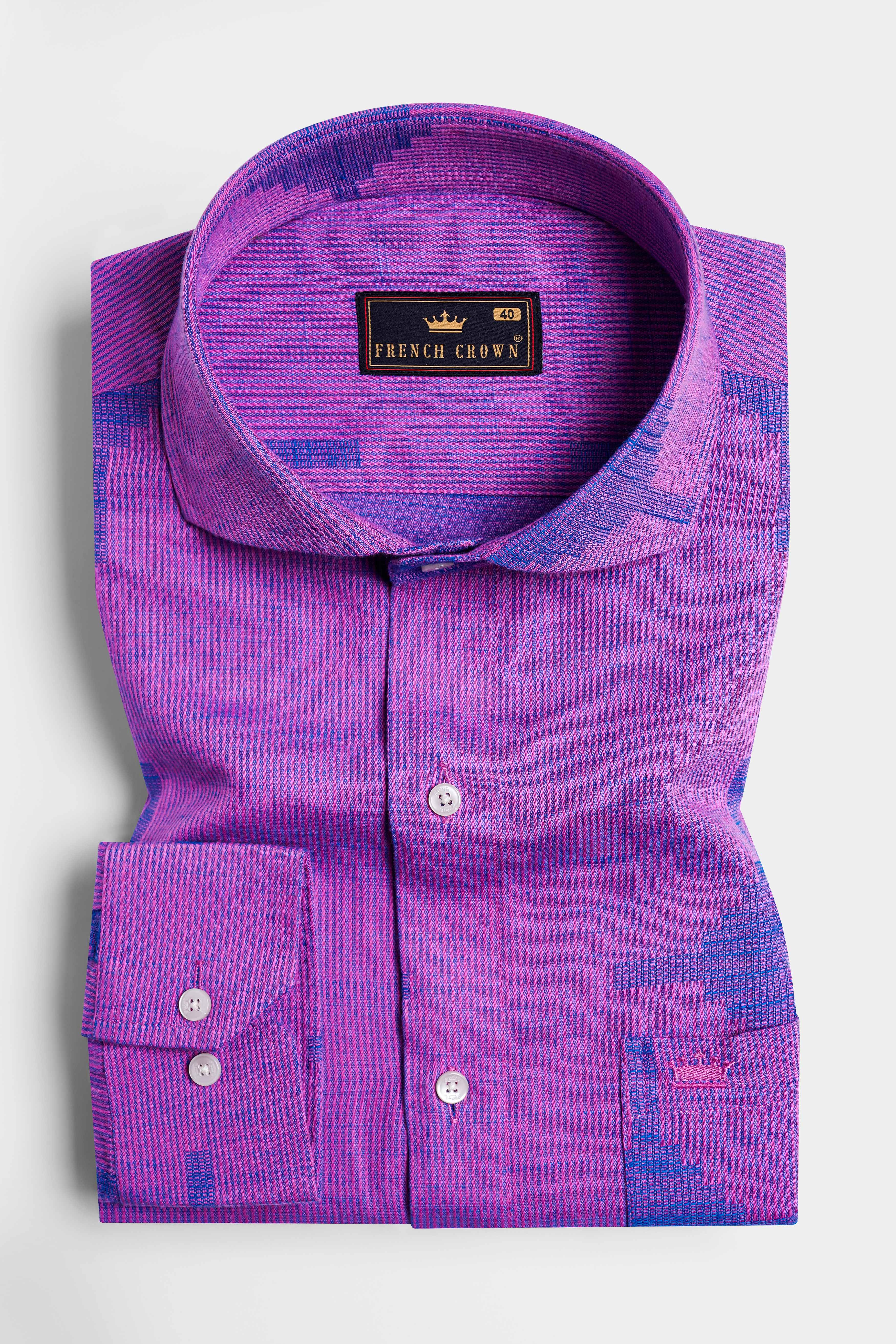 Barney Pink with Tory Blue Hand Embroidered and Hand Painted Dobby Textured Premium Giza Cotton Designer Shirt