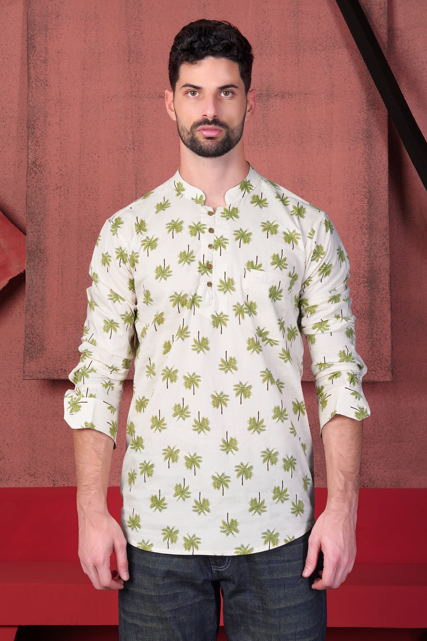 Antique Cream and Moss Green Trees Printed with a Big Tree Patchwork Premium Cotton Designer Kurta Shirt