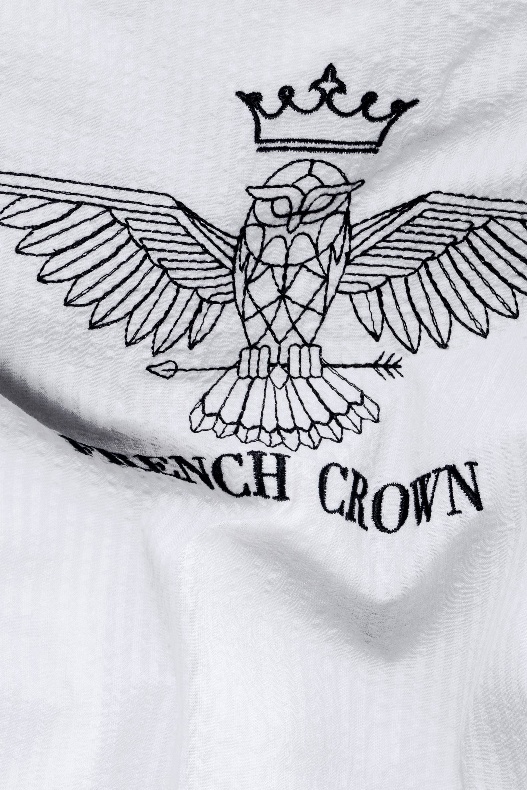 Bright White Striped with Owl Embroidered Seersucker Designer Shirt
