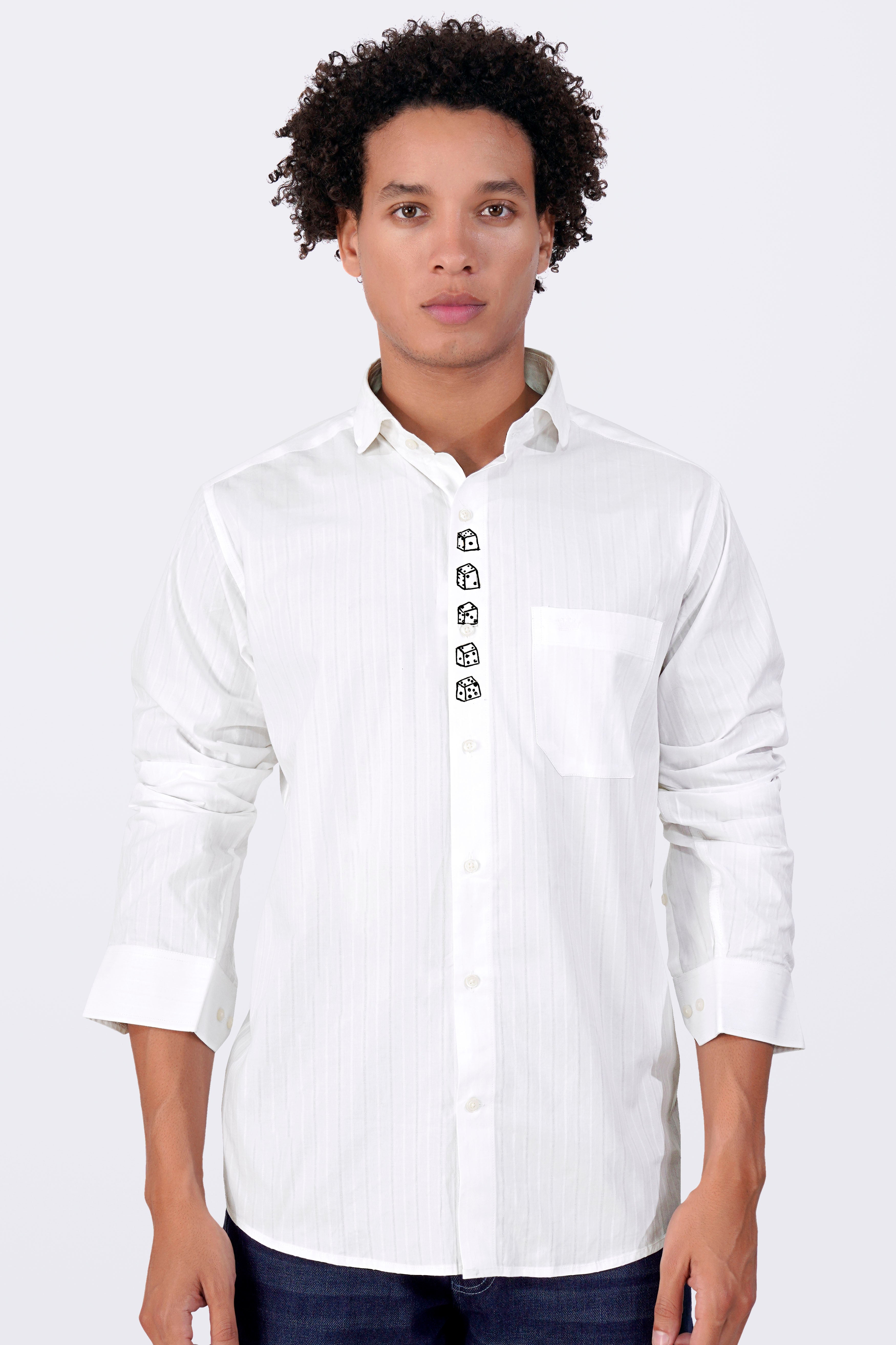 Bright White Striped with Dices Hand Painted Dobby Premium Giza Cotton Designer Shirt 6163-CA-ART-38, 6163-CA-ART-H-38, 6163-CA-ART-39, 6163-CA-ART-H-39, 6163-CA-ART-40, 6163-CA-ART-H-40, 6163-CA-ART-42, 6163-CA-ART-H-42, 6163-CA-ART-44, 6163-CA-ART-H-44, 6163-CA-ART-46, 6163-CA-ART-H-46, 6163-CA-ART-48, 6163-CA-ART-H-48, 6163-CA-ART-50, 6163-CA-ART-H-50, 6163-CA-ART-52, 6163-CA-ART-H-52