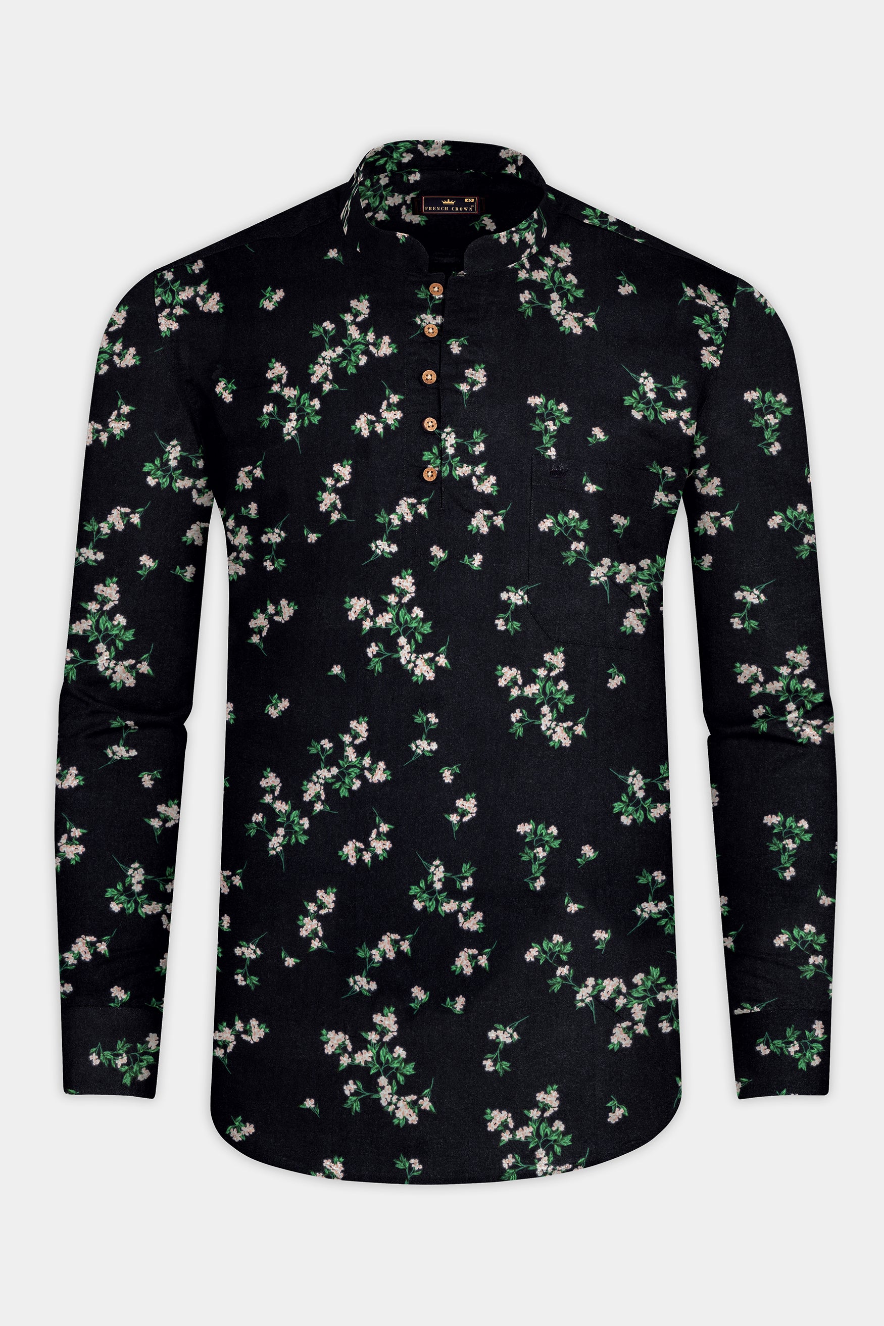 Jade Black Floral Printed Premium Tencel Kurta Shirt
