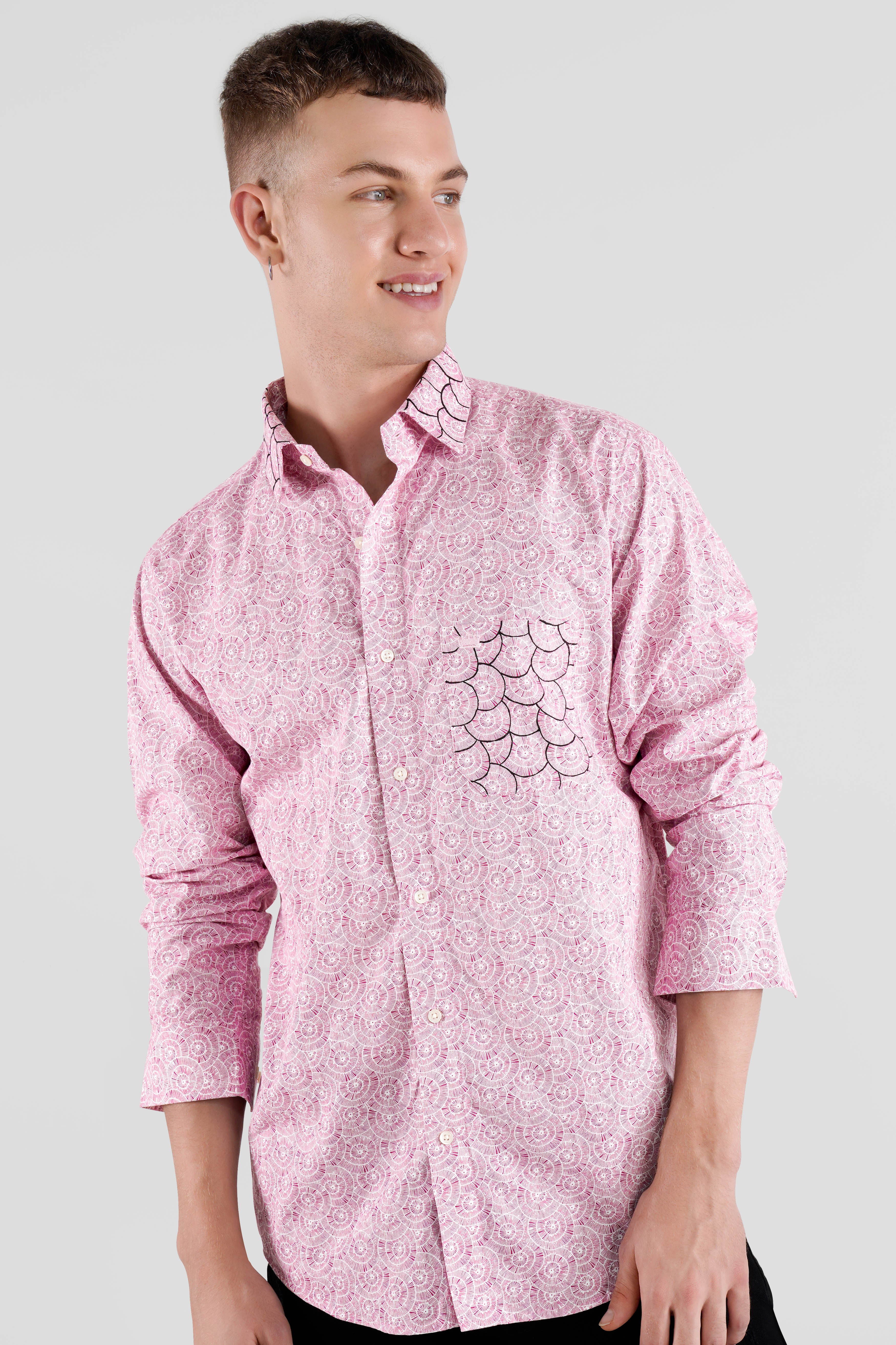 Blossom Pink and White Hand Painted Twill Premium Cotton Designer Shirt